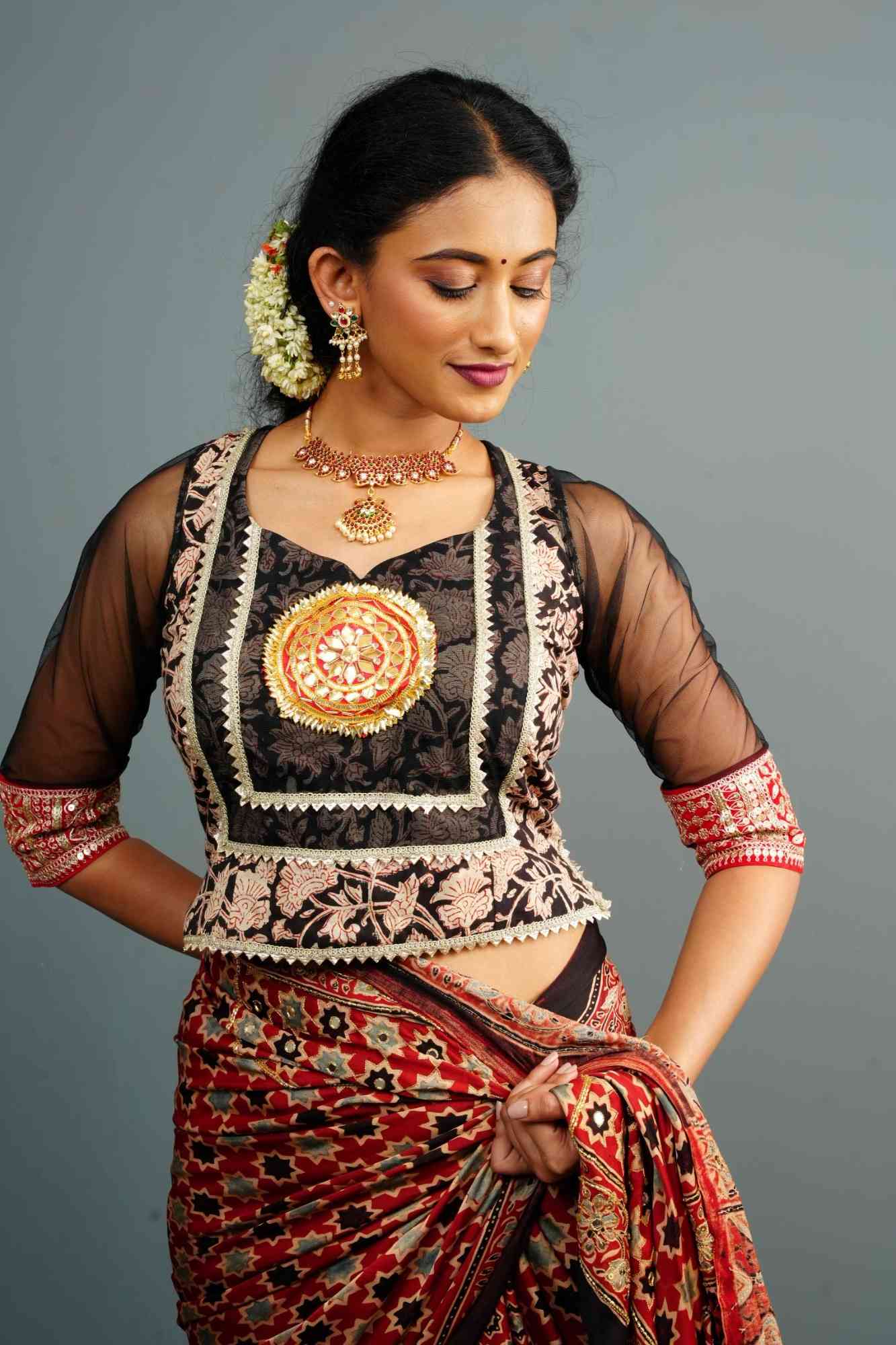 Koti Style Blouse in Black and red with Kalamkamkari Block Print, Net and Gota detailing and backless pattern, Customizable, Made to order!