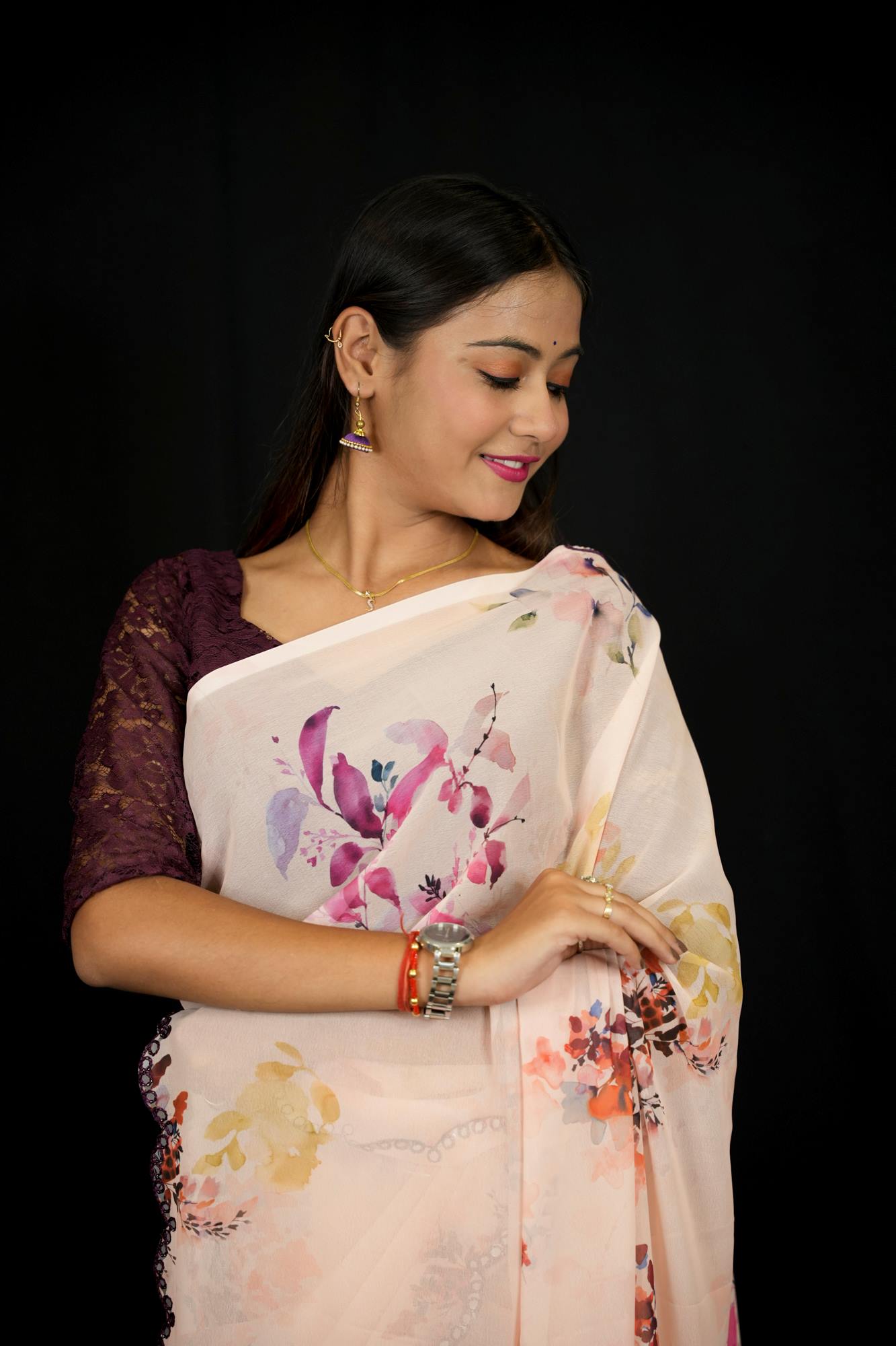 Georgette Silk Floral Digital Print with Mirror Work Border Ready To Wear Saree