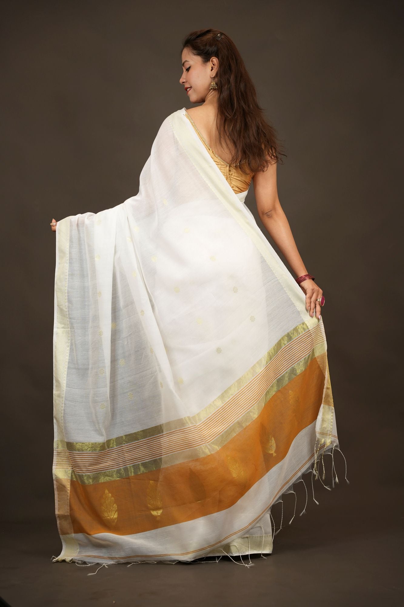 Silk-Cotton with Leaf Motifs and Zari Border Ready To Wear Saree