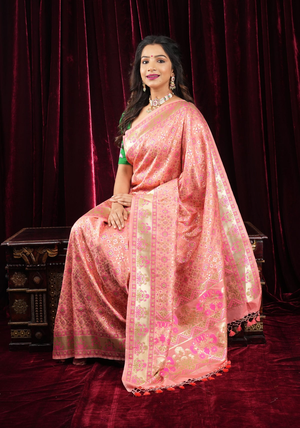 Exquisite Coral Pink Semi Silk Saree with Patola Ikkat Meenakari Zari Border and Pallu | SHOBITAM