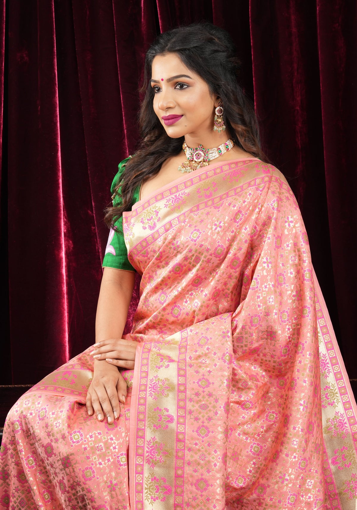 Exquisite Coral Pink Semi Silk Saree with Patola Ikkat Meenakari Zari Border and Pallu | SHOBITAM