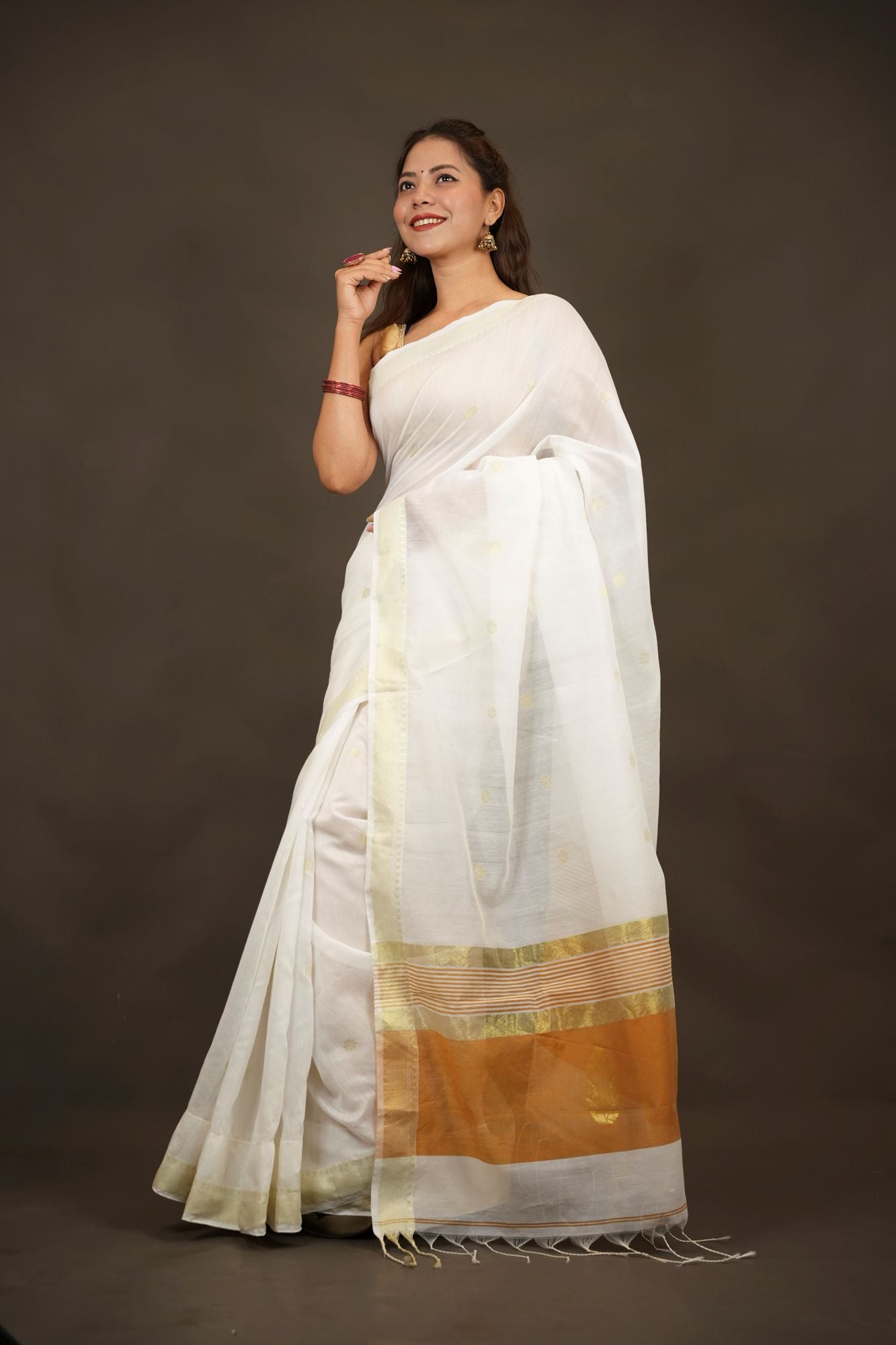 Silk-Cotton with Leaf Motifs and Zari Border Ready To Wear Saree