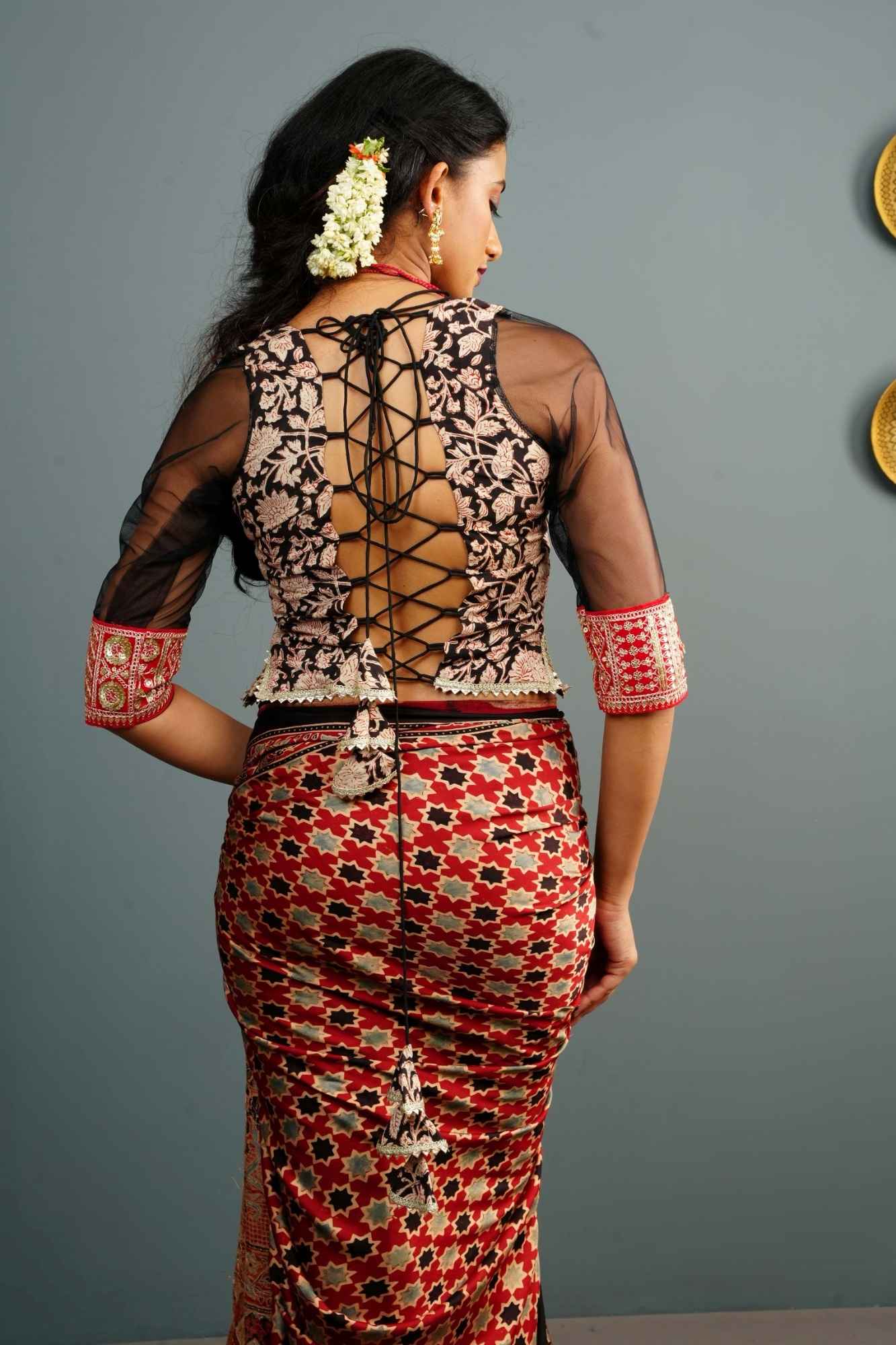 Koti Style Blouse in Black and red with Kalamkamkari Block Print, Net and Gota detailing and backless pattern, Customizable, Made to order!