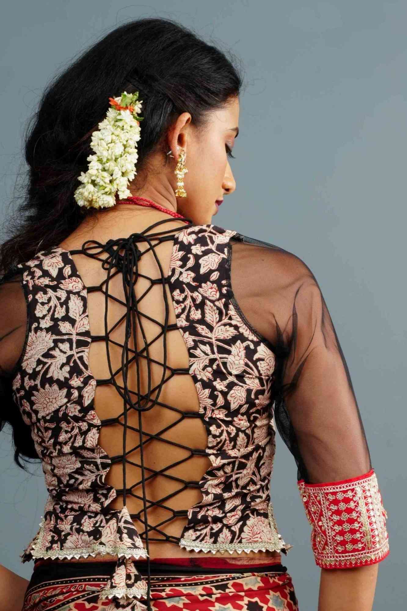 Koti Style Blouse in Black and red with Kalamkamkari Block Print, Net and Gota detailing and backless pattern, Customizable, Made to order!
