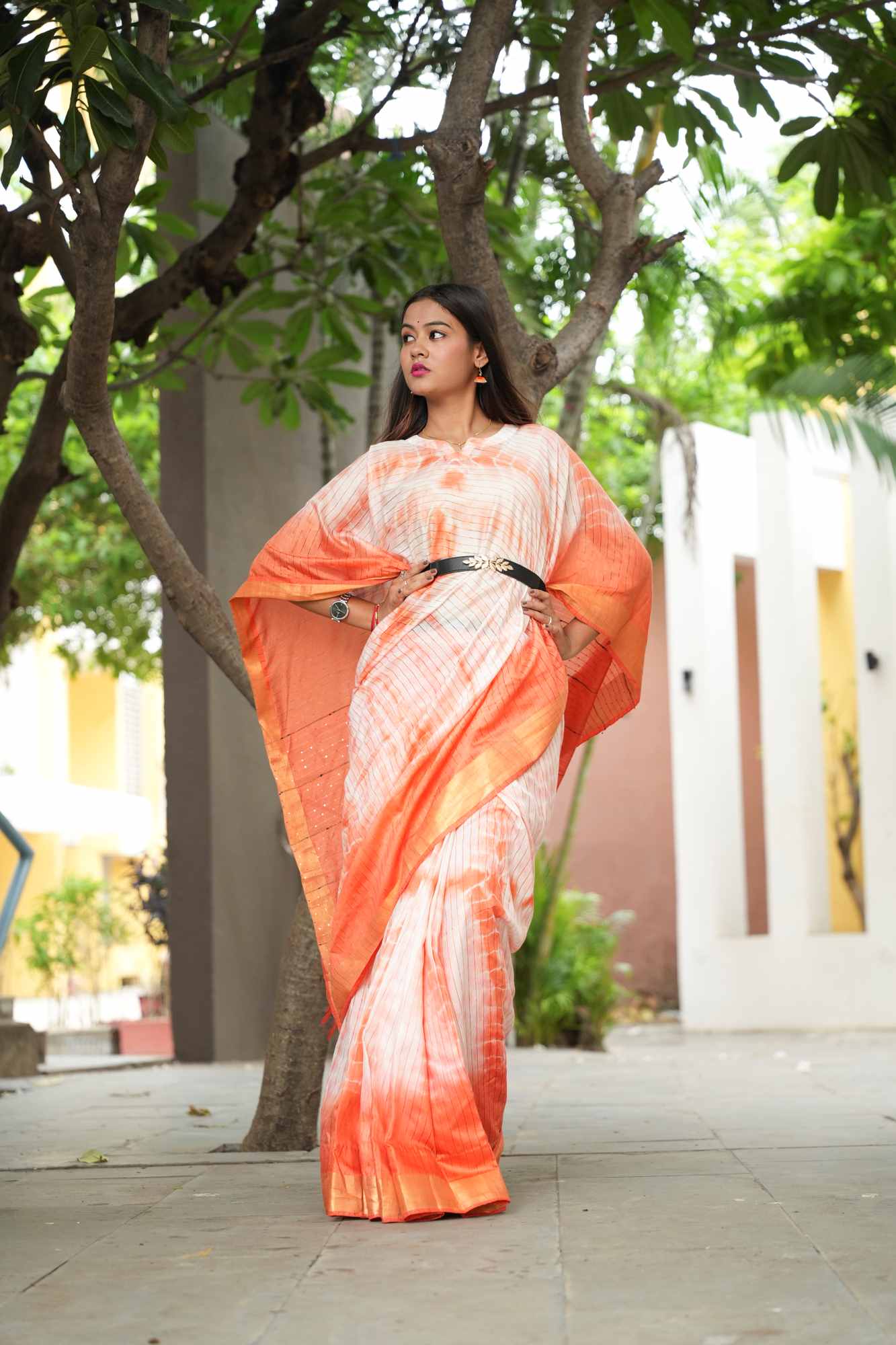 Orange Shibori Bhagalpuri Cotton Silk Kaftan with Zari and Sequin Highlights Ready To Wear Saree