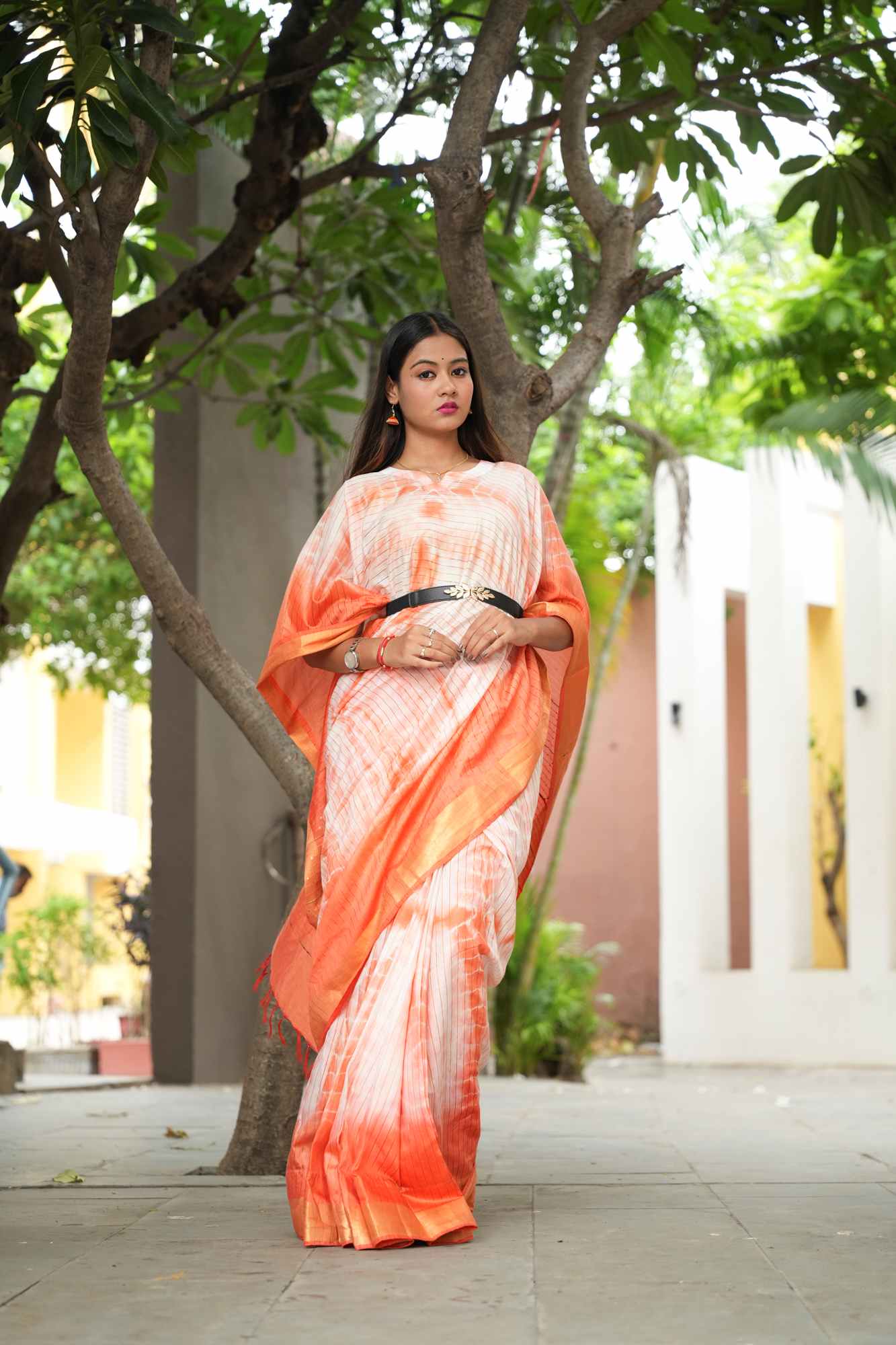 Orange Shibori Bhagalpuri Cotton Silk Kaftan with Zari and Sequin Highlights Ready To Wear Saree