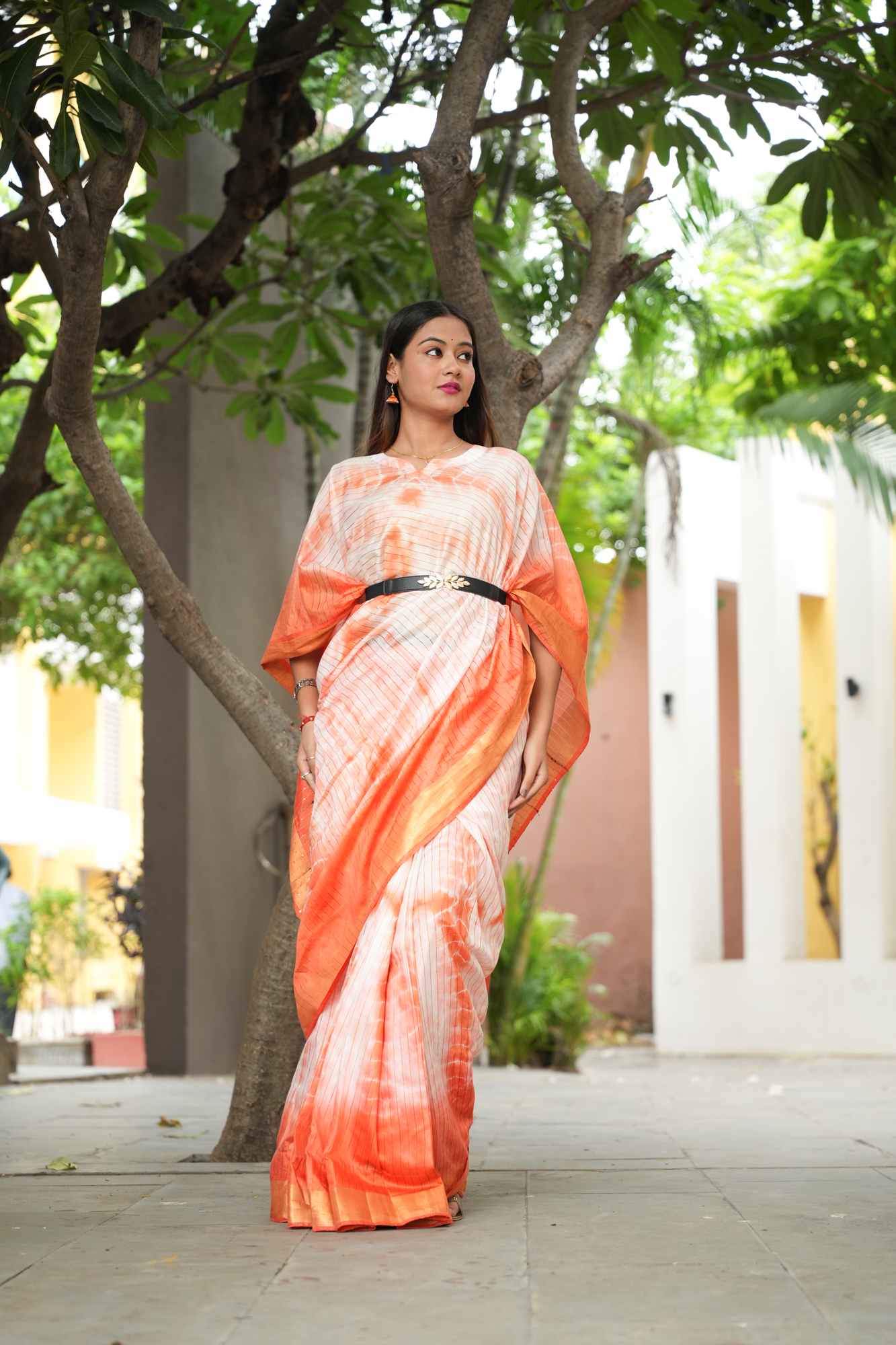 Orange Shibori Bhagalpuri Cotton Silk Kaftan with Zari and Sequin Highlights Ready To Wear Saree