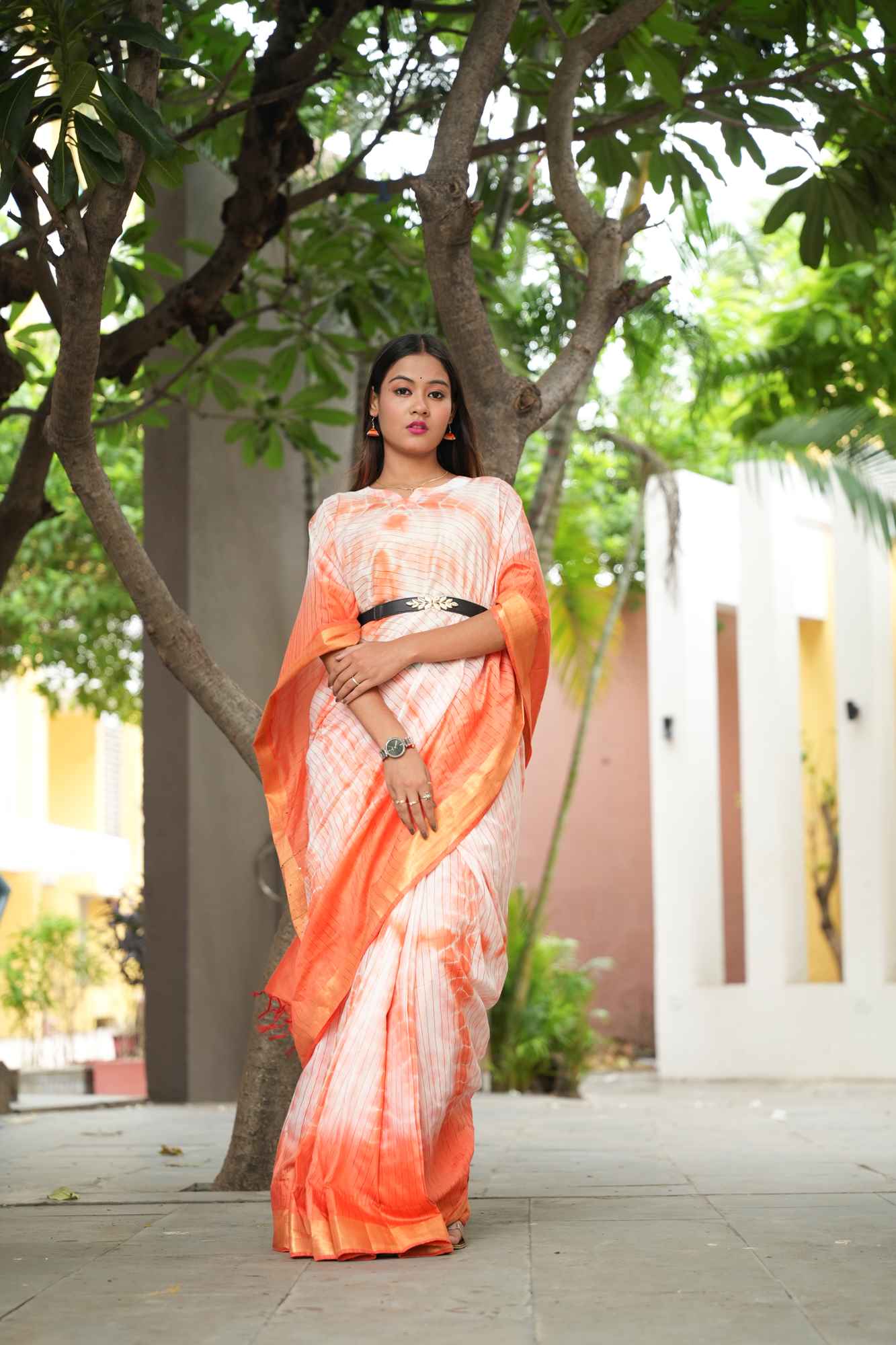 Orange Shibori Bhagalpuri Cotton Silk Kaftan with Zari and Sequin Highlights Ready To Wear Saree