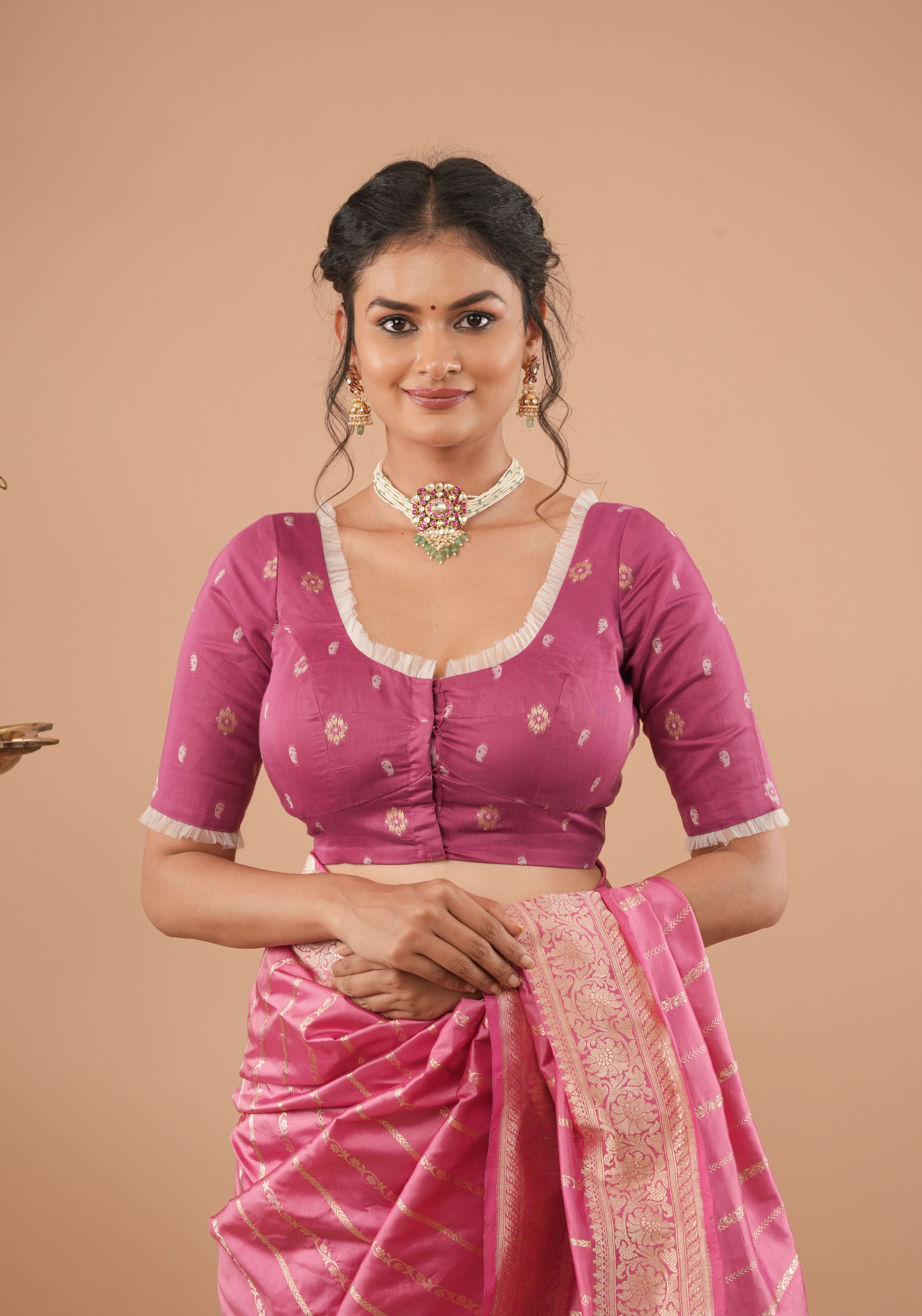 Strawberry Pink Jamdani style cotton blouse with frill detailing, Customizable, Made to Order
