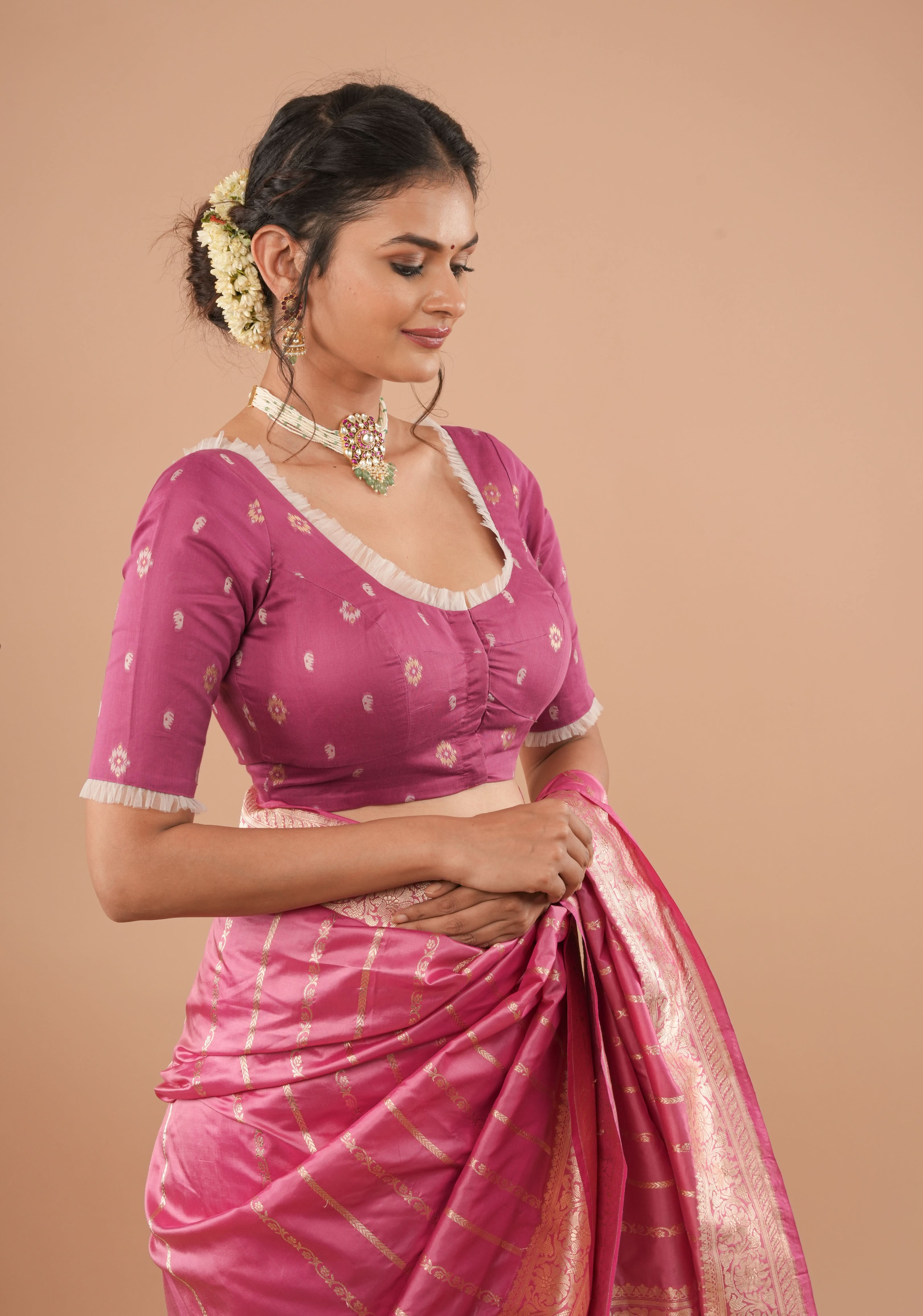 Strawberry Pink Jamdani style cotton blouse with frill detailing, Customizable, Made to Order