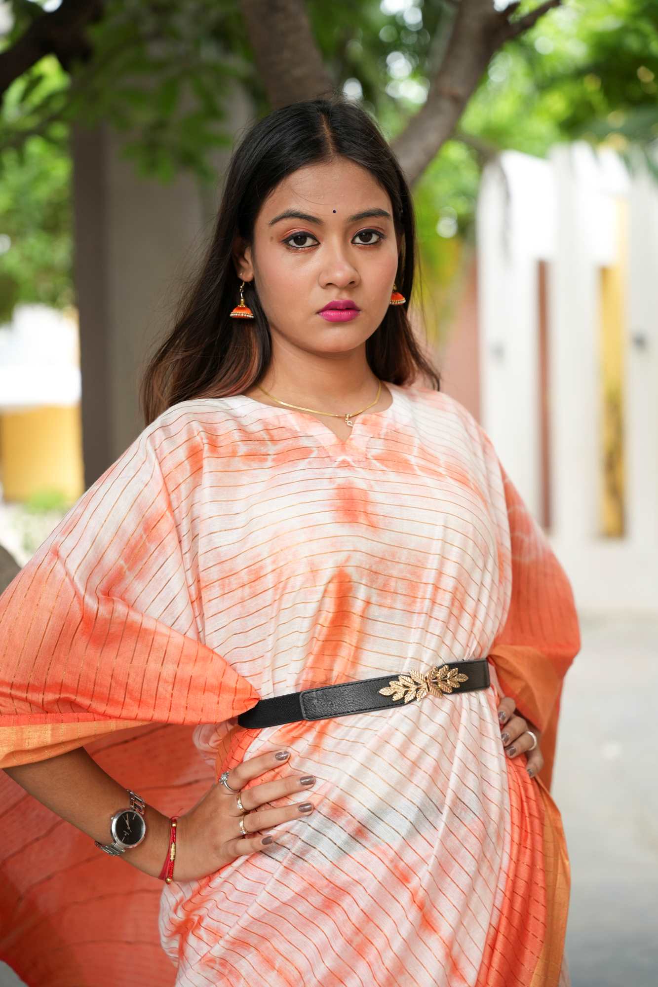 Orange Shibori Bhagalpuri Cotton Silk Kaftan with Zari and Sequin Highlights Ready To Wear Saree