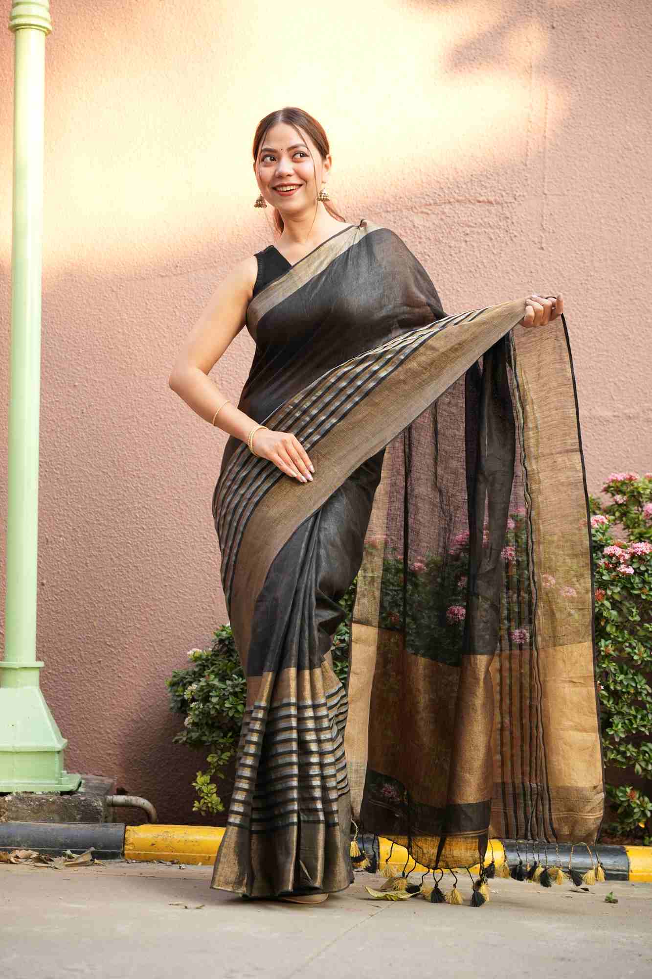 Tissue Silk With Goldan Contrast Border Ready To Wear Saree