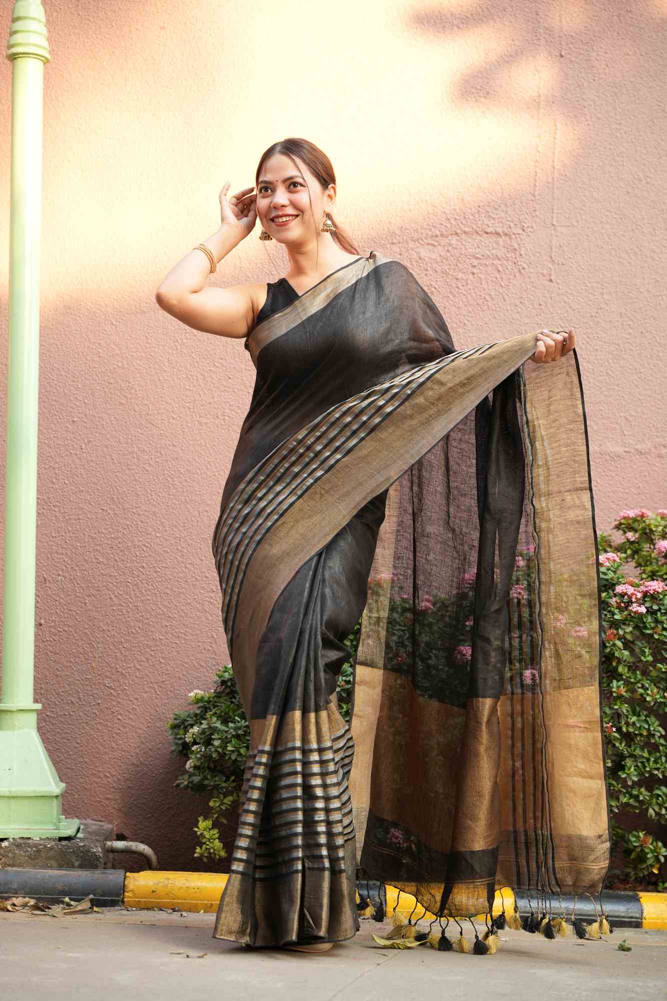 Tissue Silk With Goldan Contrast Border Ready To Wear Saree