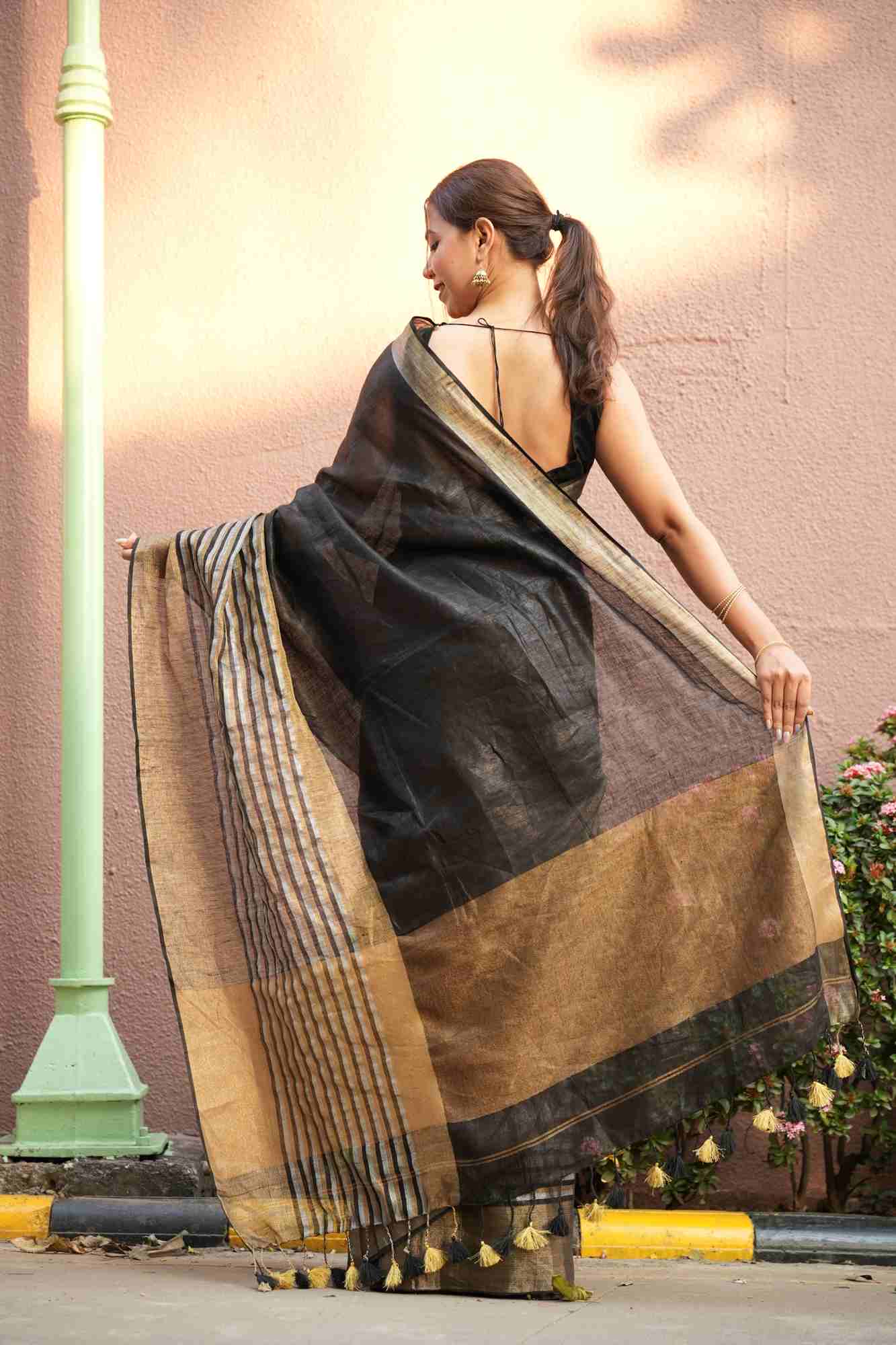 Tissue Silk With Goldan Contrast Border Ready To Wear Saree