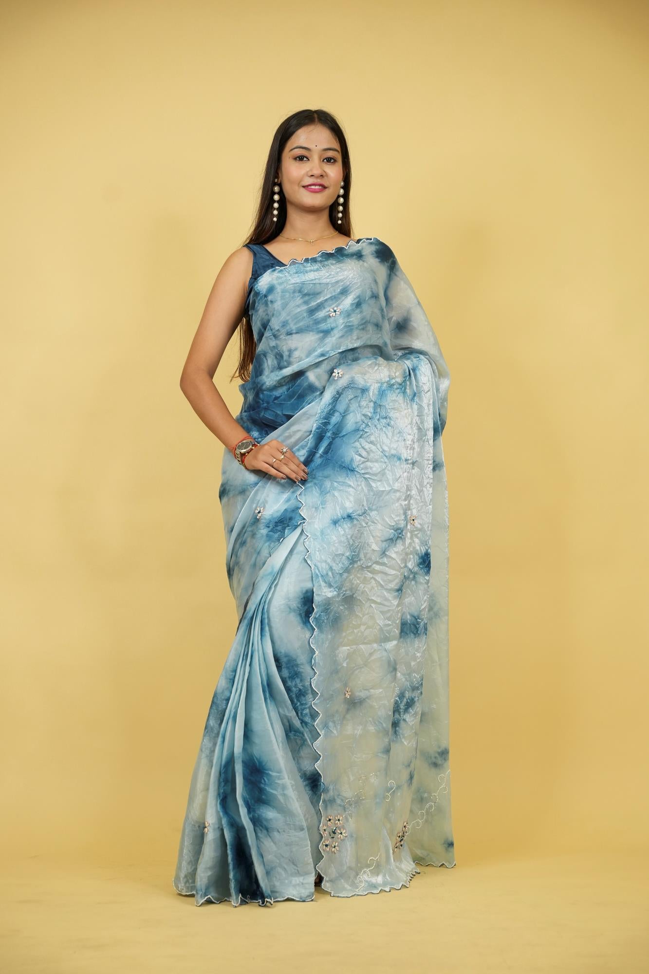 Light & Navy Blue Organza with Tie-Dye Effect, White Embroidery & Scalloped Border Ready To Wear Saree