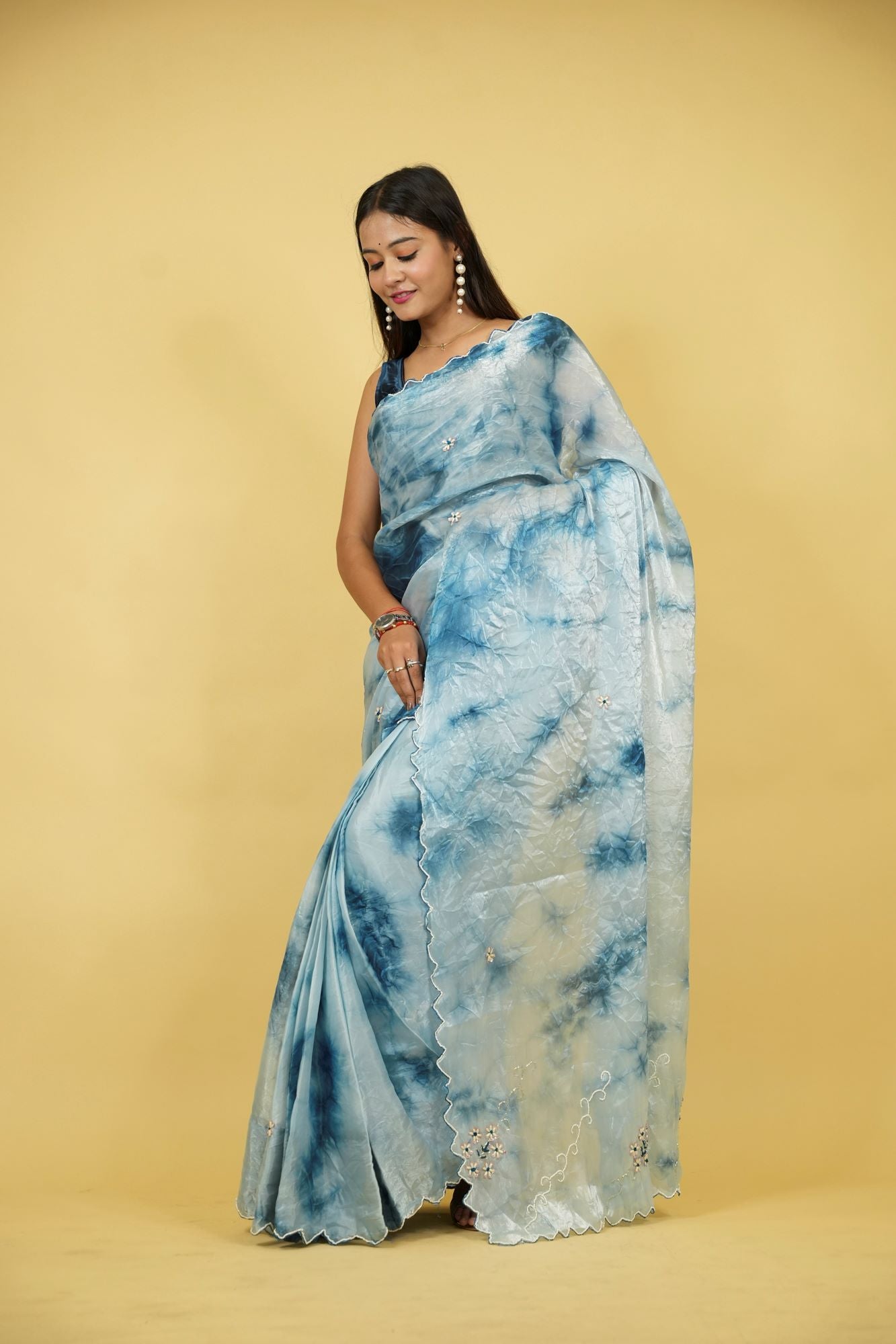Light & Navy Blue Organza with Tie-Dye Effect, White Embroidery & Scalloped Border Ready To Wear Saree