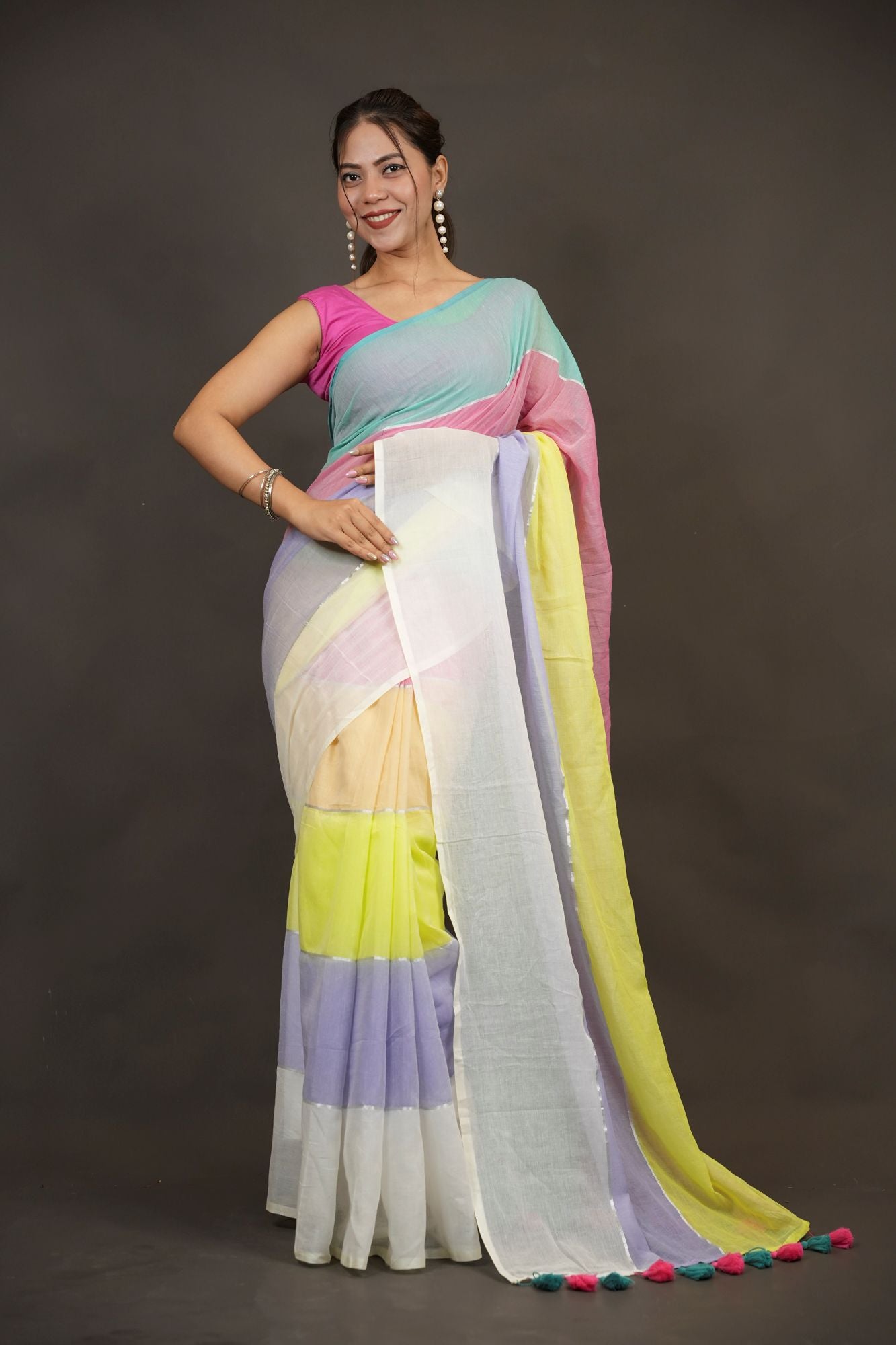 Pastel Mul Cotton with Multicolor Tassel Border Ready To Wear Saree