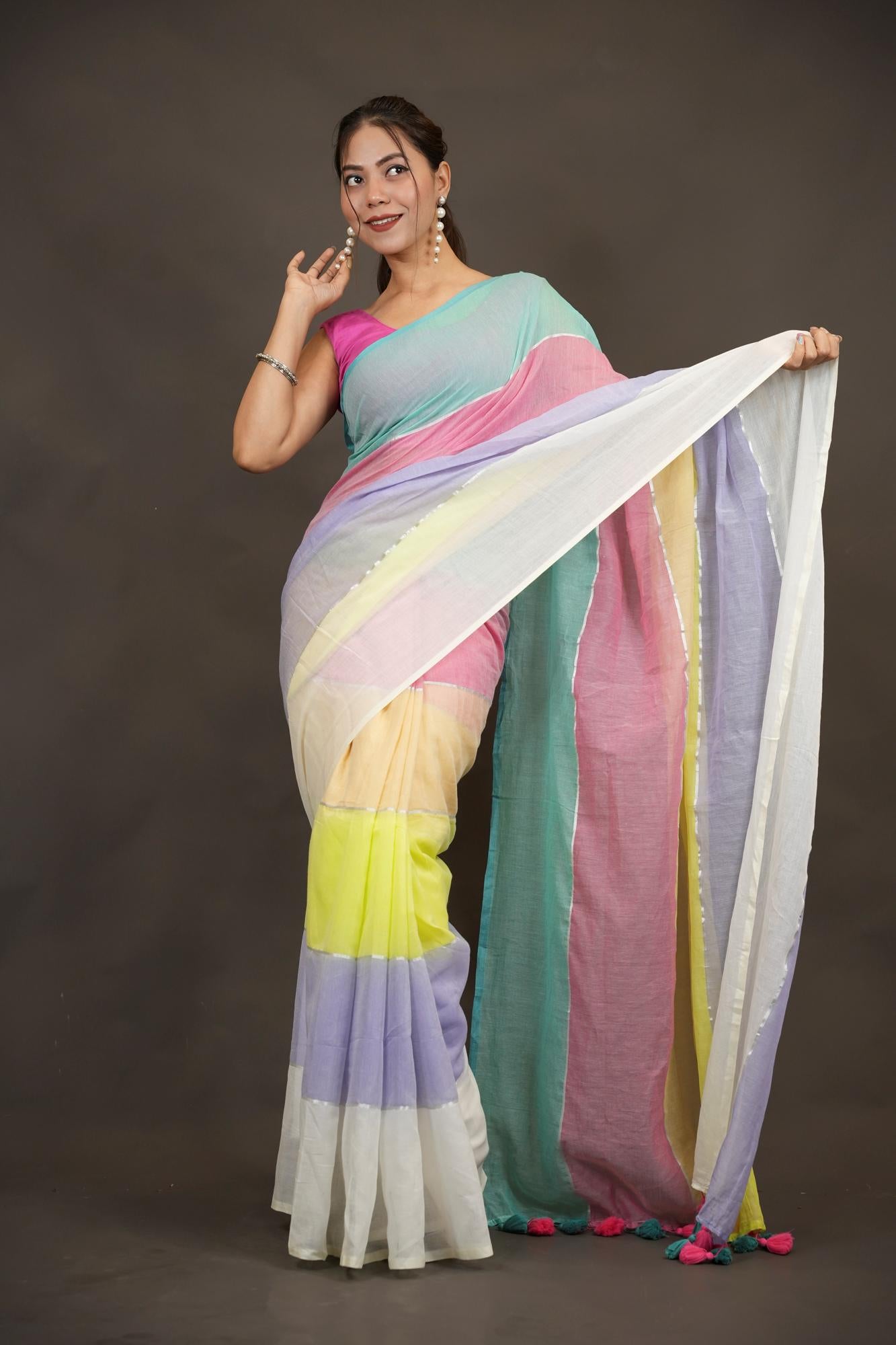 Pastel Mul Cotton with Multicolor Tassel Border Ready To Wear Saree