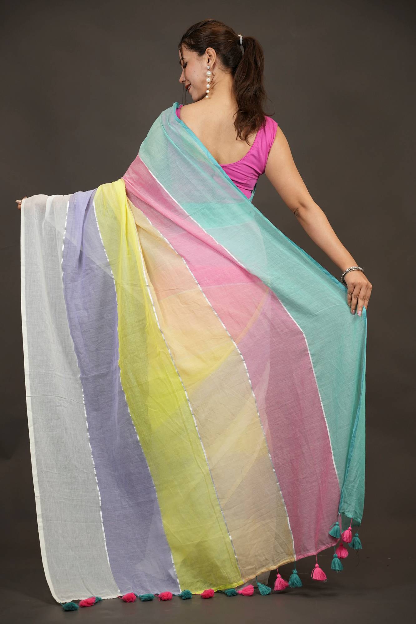 Pastel Mul Cotton with Multicolor Tassel Border Ready To Wear Saree