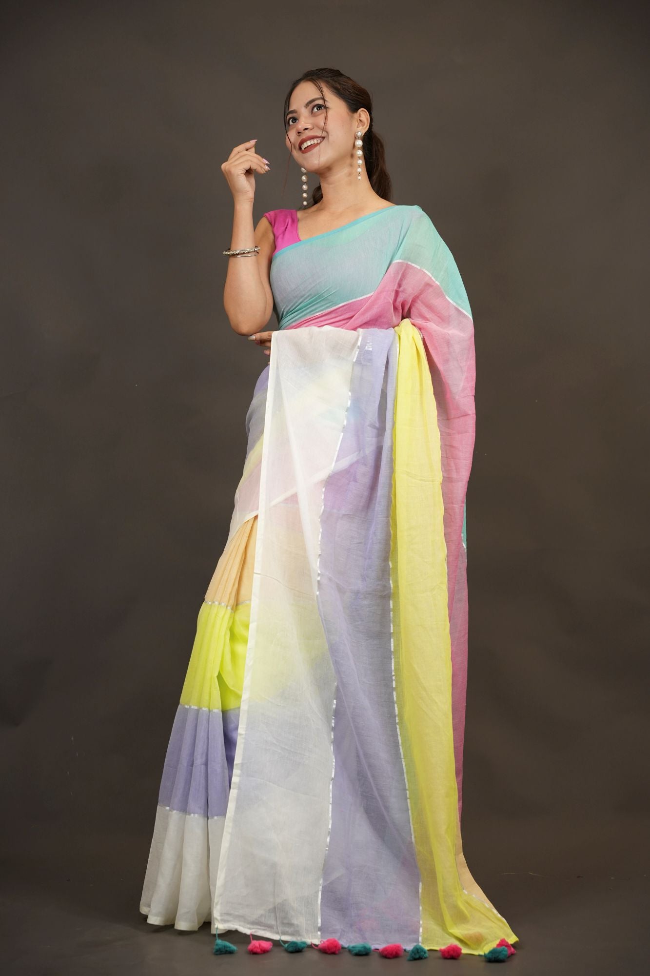 Pastel Mul Cotton with Multicolor Tassel Border Ready To Wear Saree