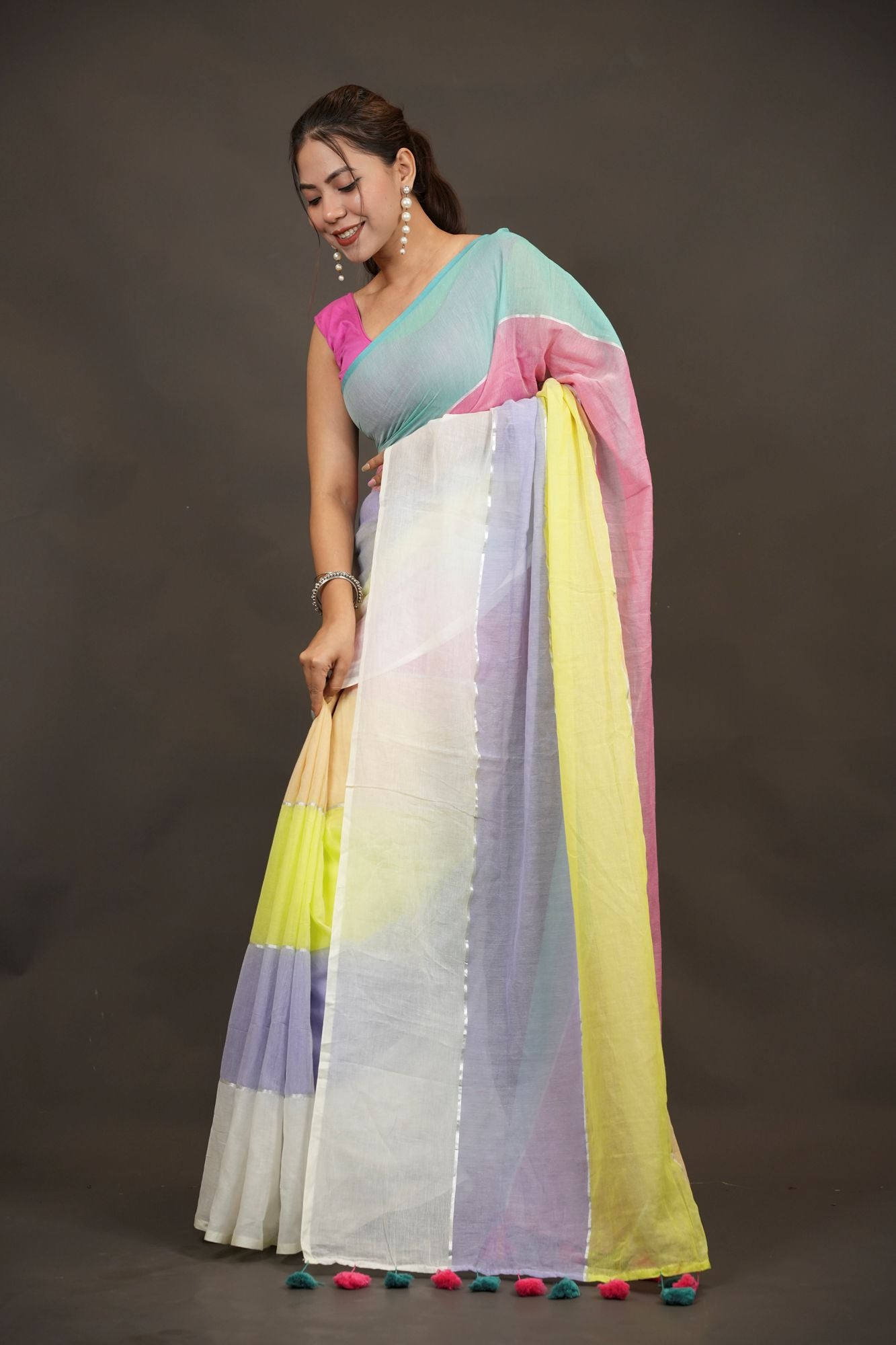 Pastel Mul Cotton with Multicolor Tassel Border Ready To Wear Saree