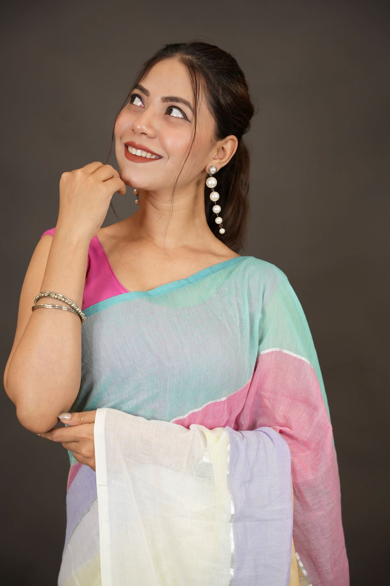 Pastel Mul Cotton with Multicolor Tassel Border Ready To Wear Saree