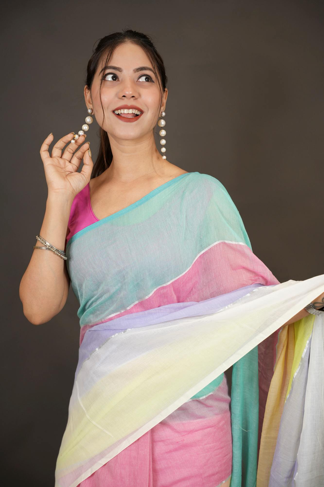 Pastel Mul Cotton with Multicolor Tassel Border Ready To Wear Saree