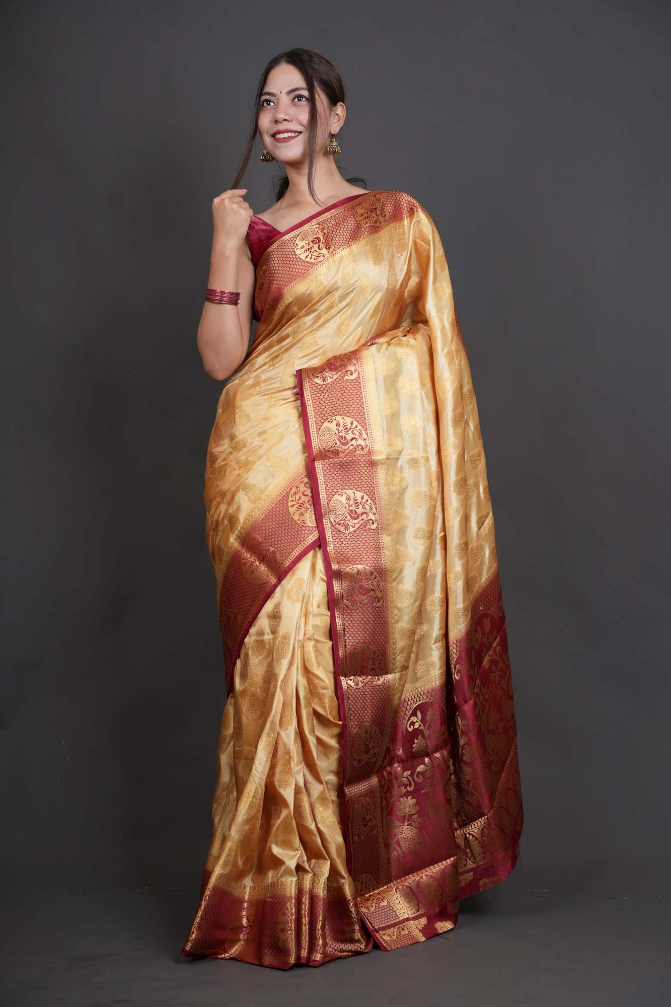 South Silk with Contrast Border Zari Work Ready To Wear Saree