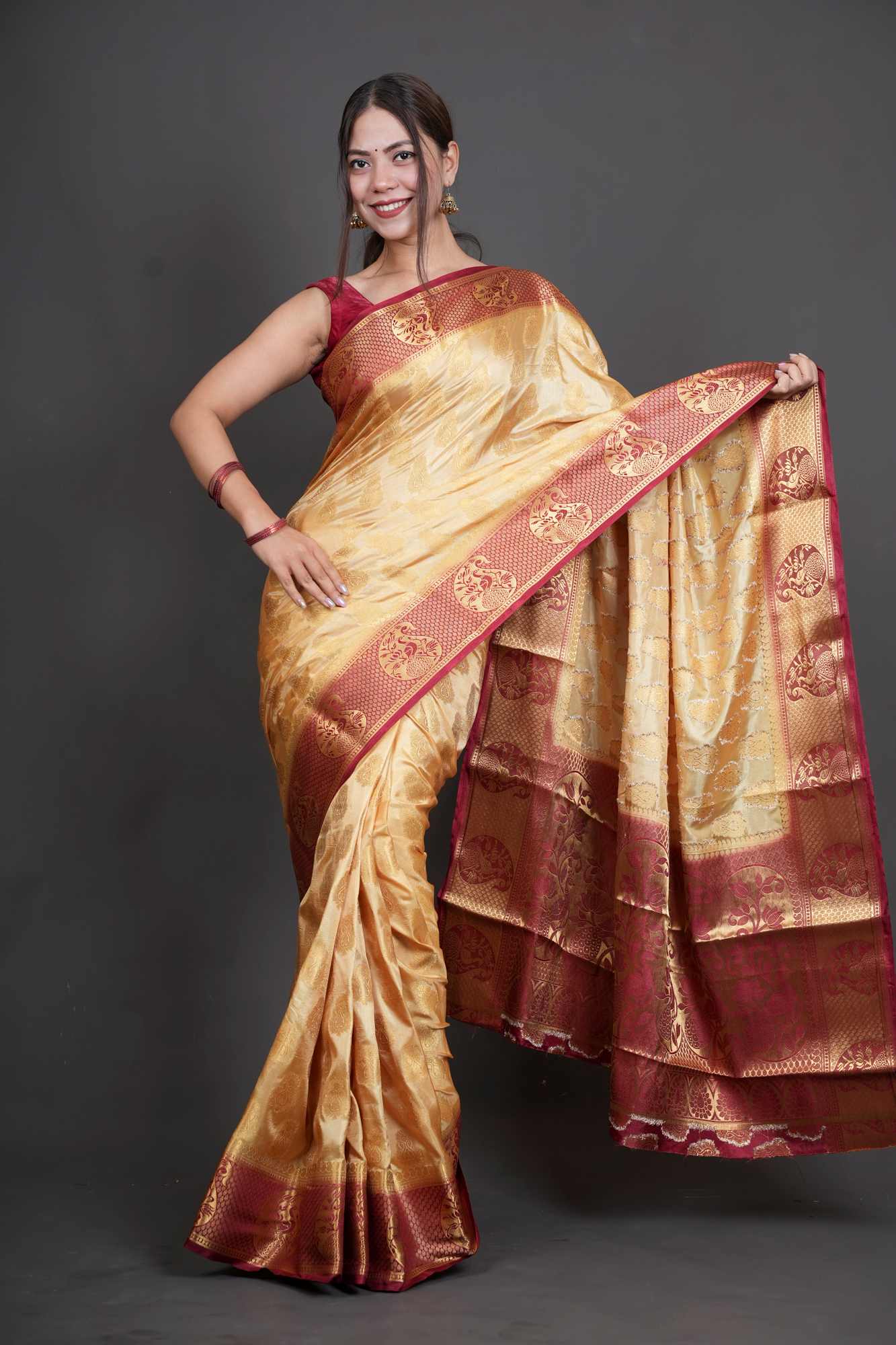 South Silk with Contrast Border Zari Work Ready To Wear Saree