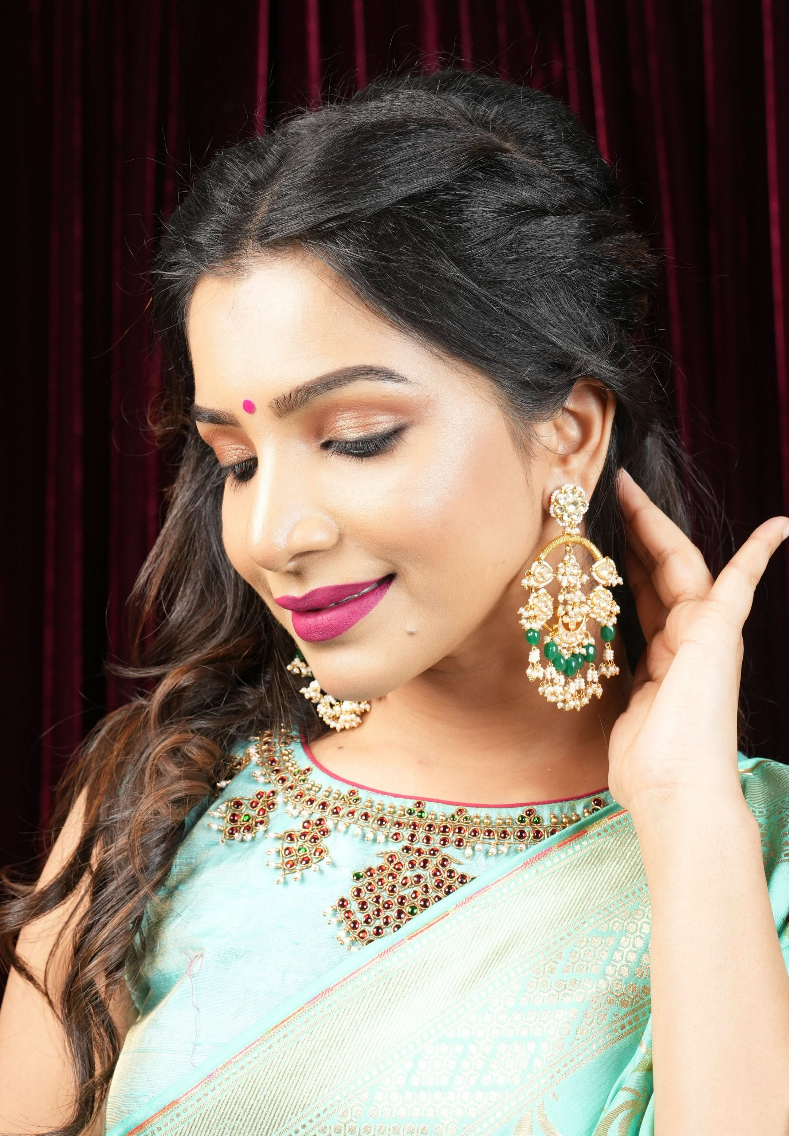 Jadau Chandbali Earrings with White Dainty Kundan stones and Green dangling beads | Shobitam Jewelry