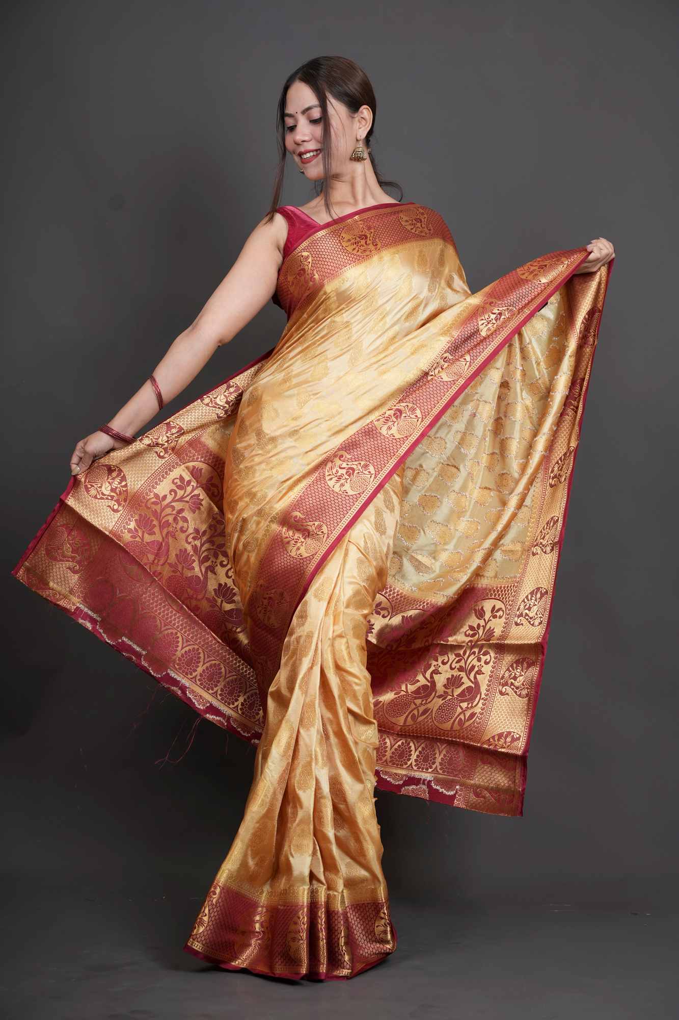 South Silk with Contrast Border Zari Work Ready To Wear Saree