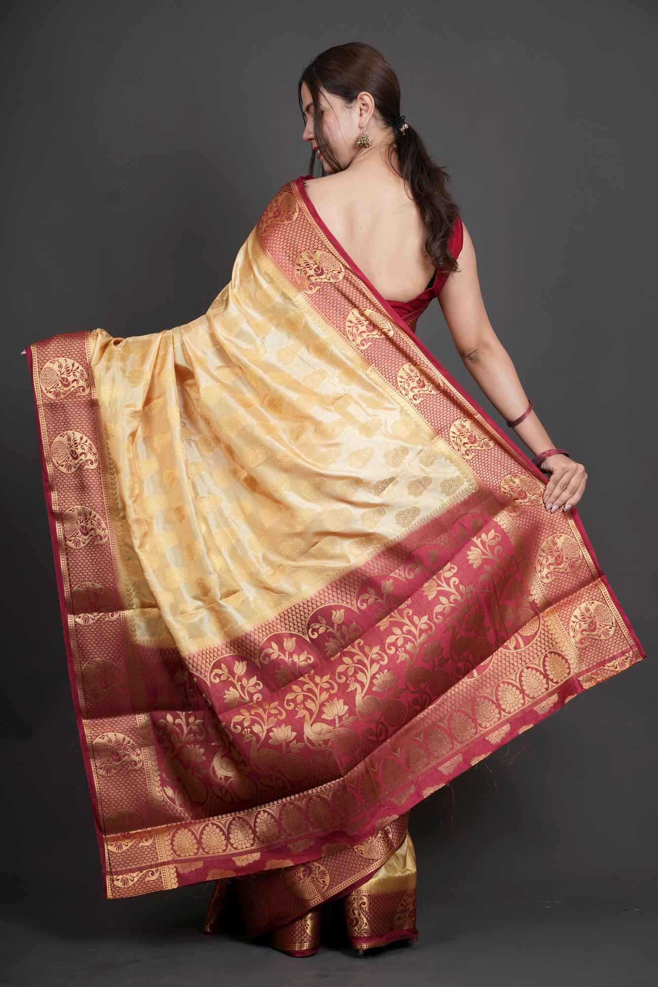 South Silk with Contrast Border Zari Work Ready To Wear Saree