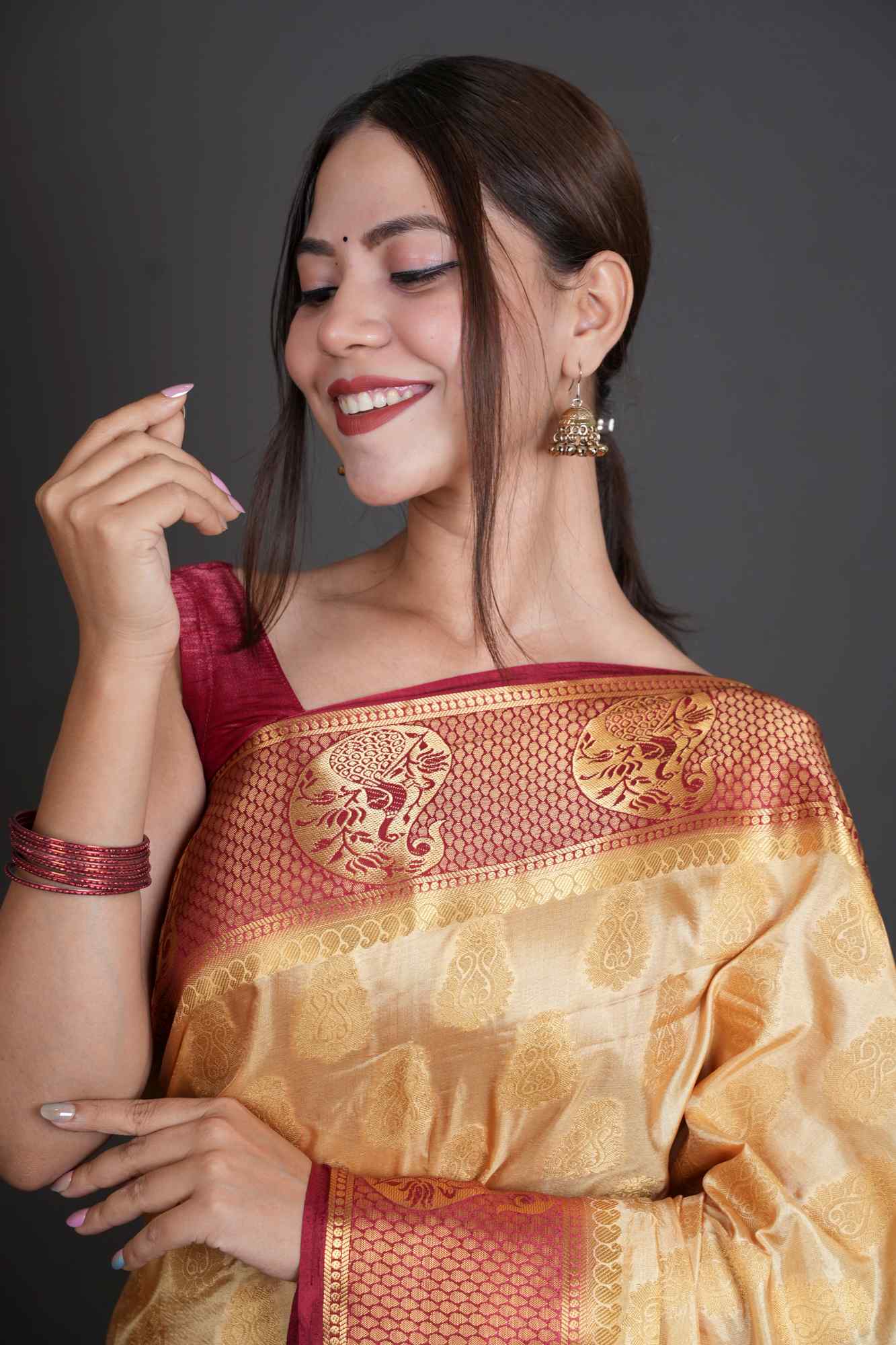 South Silk with Contrast Border Zari Work Ready To Wear Saree