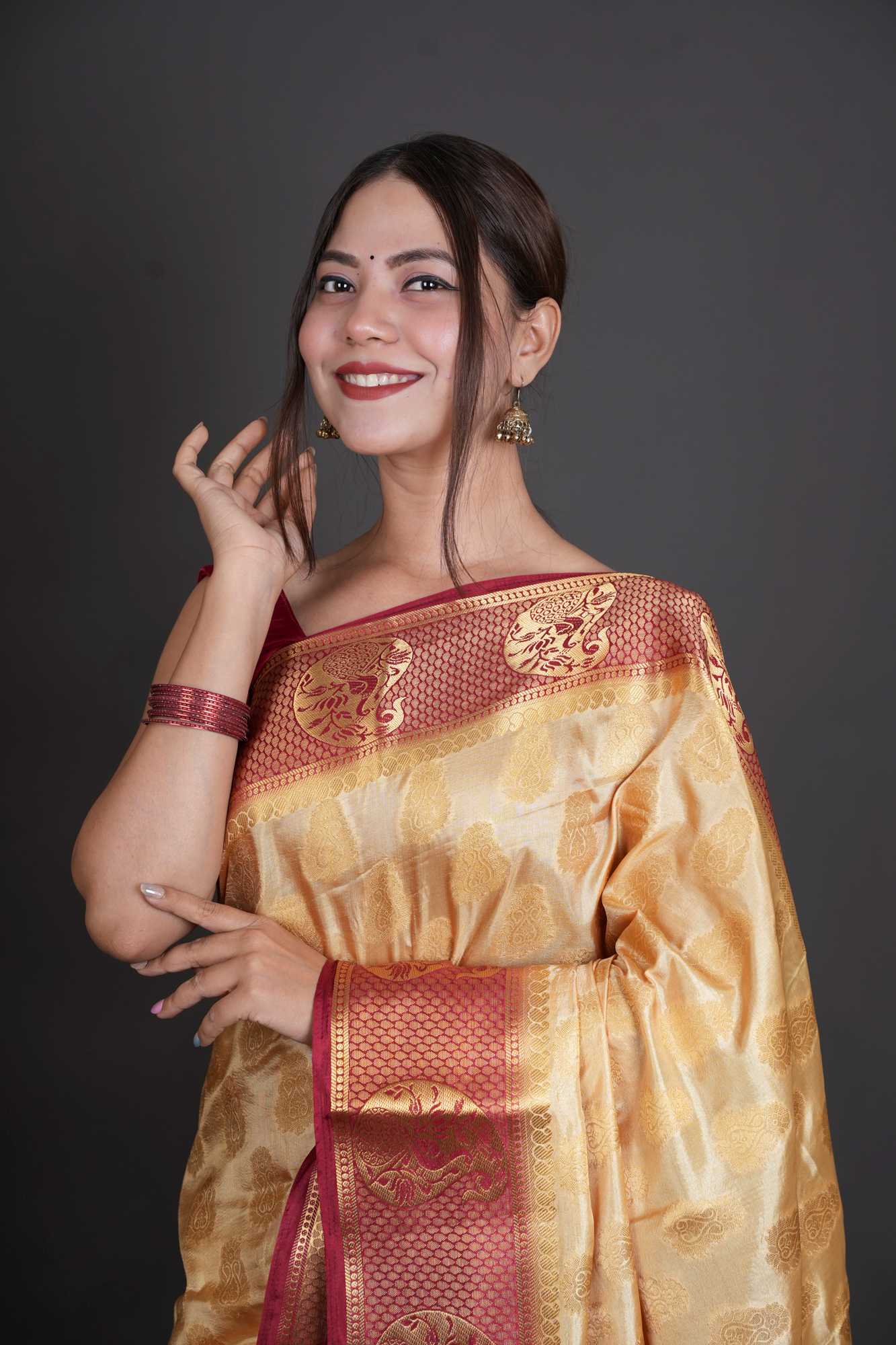 South Silk with Contrast Border Zari Work Ready To Wear Saree