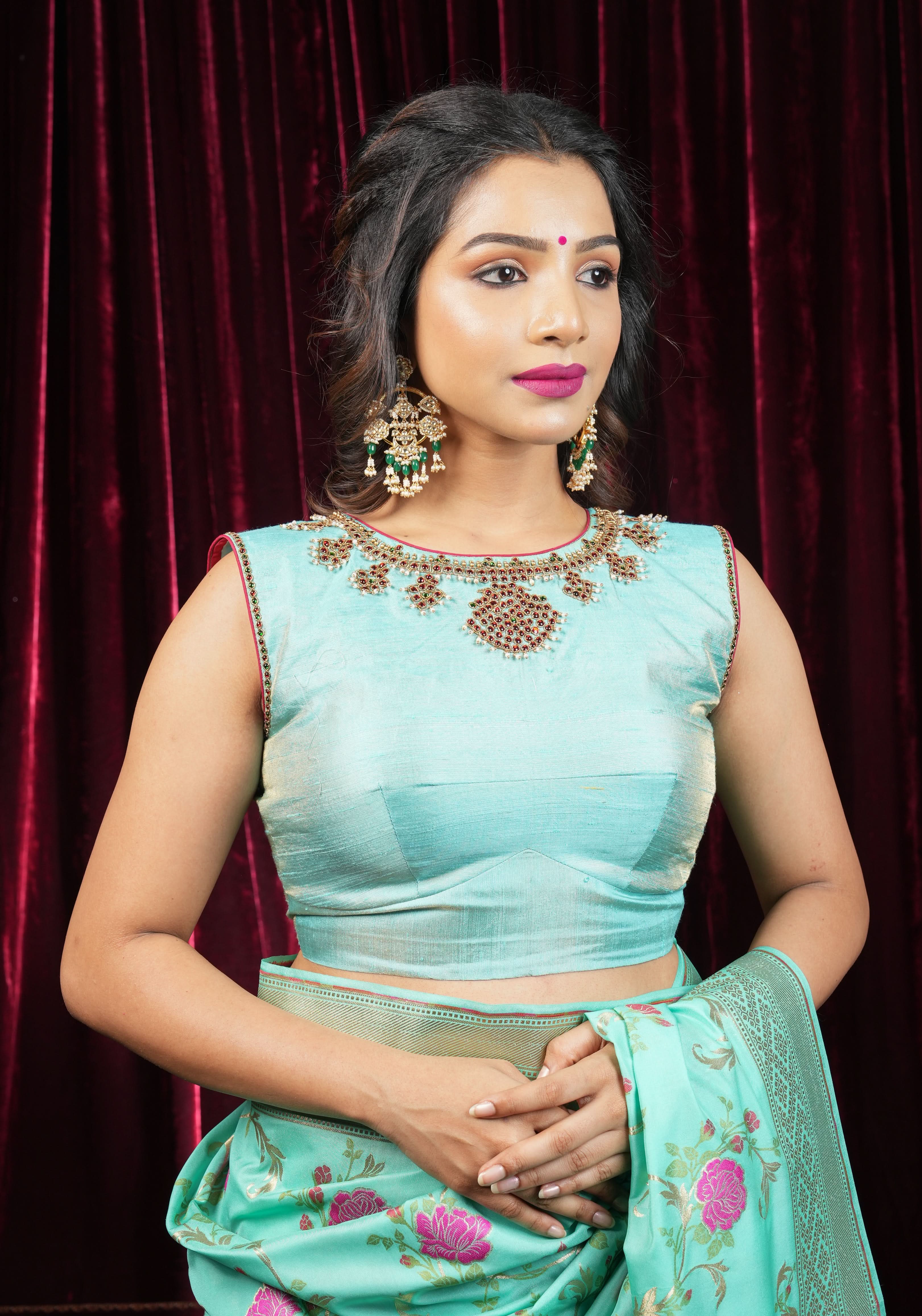 Mint Pure Raw Silk Blouse with Temple Jewelry Necklace Handwork detailing | Shobitam