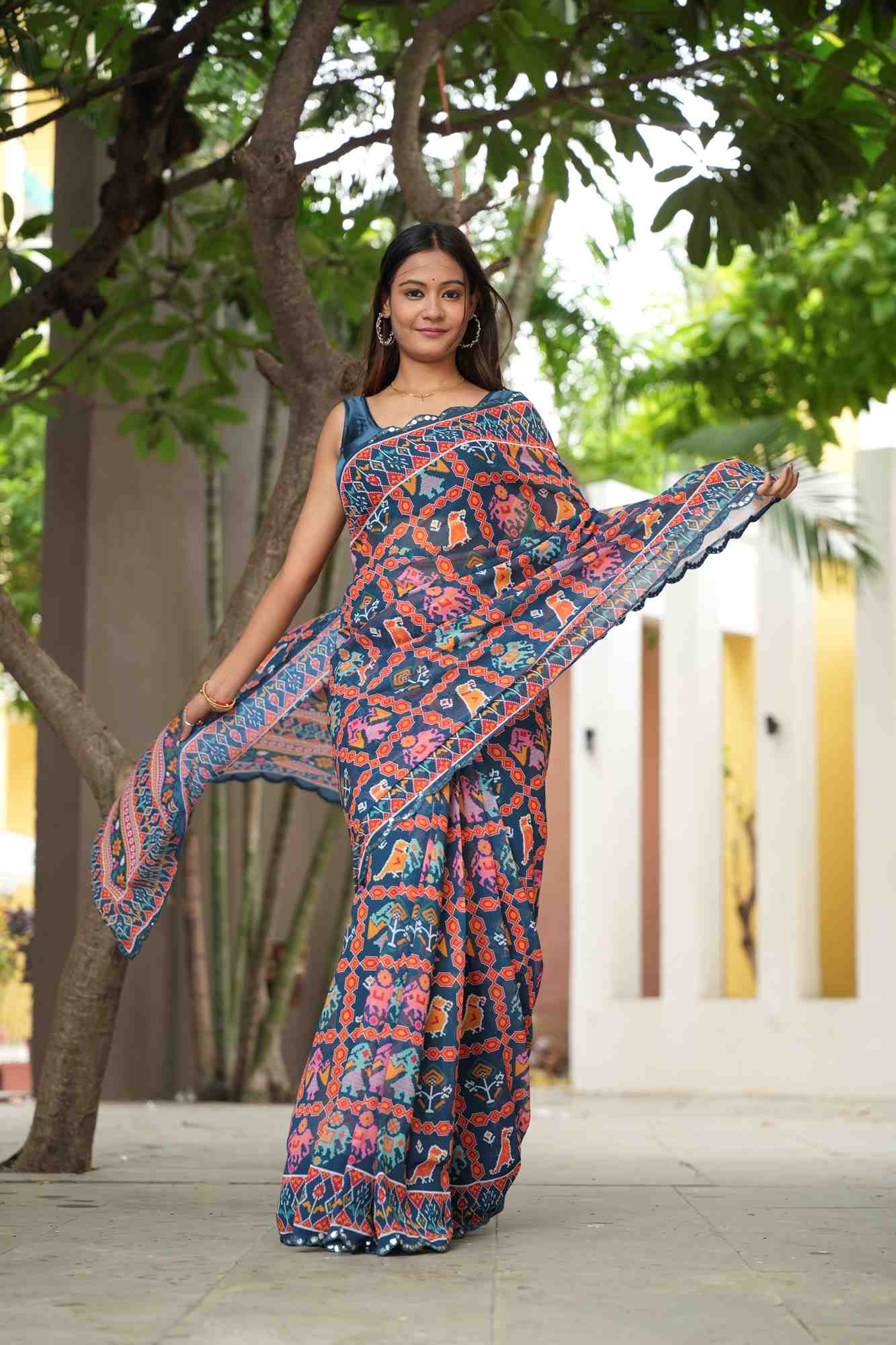 Georgette Silk Digital Print with Mirror Work Border Ready To Wear Saree