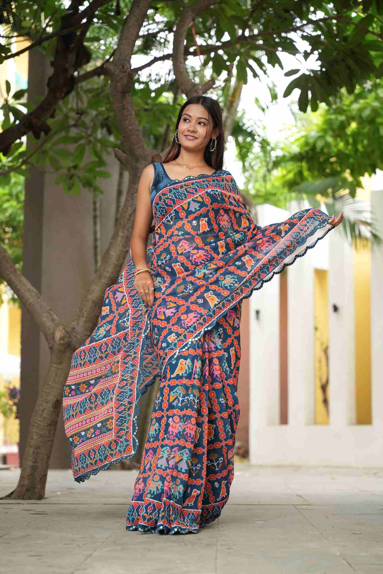 Georgette Silk Digital Print with Mirror Work Border Ready To Wear Saree