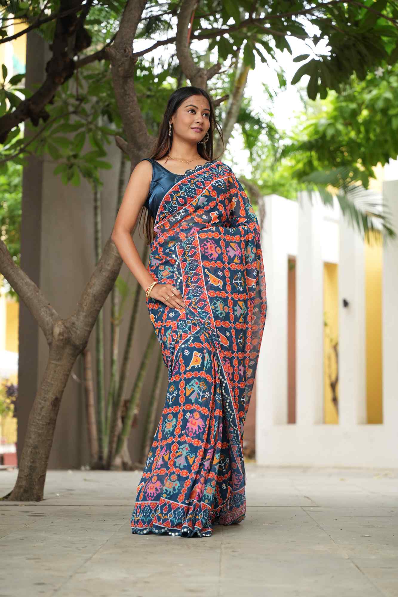 Georgette Silk Digital Print with Mirror Work Border Ready To Wear Saree