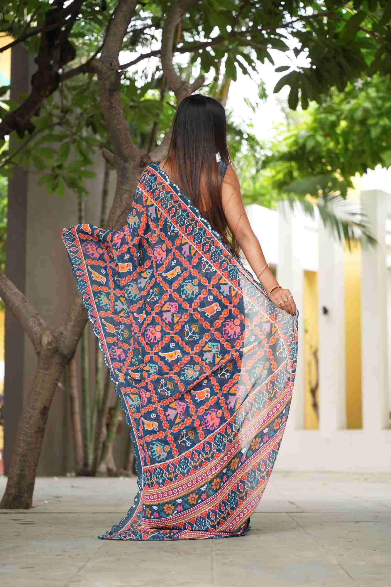 Georgette Silk Digital Print with Mirror Work Border Ready To Wear Saree