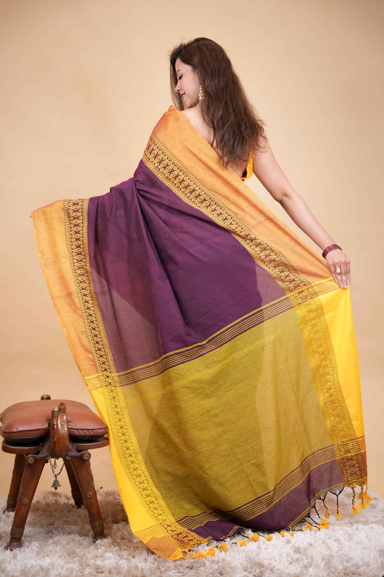 Cotton silk Damask motif dhonekali prestitched saree