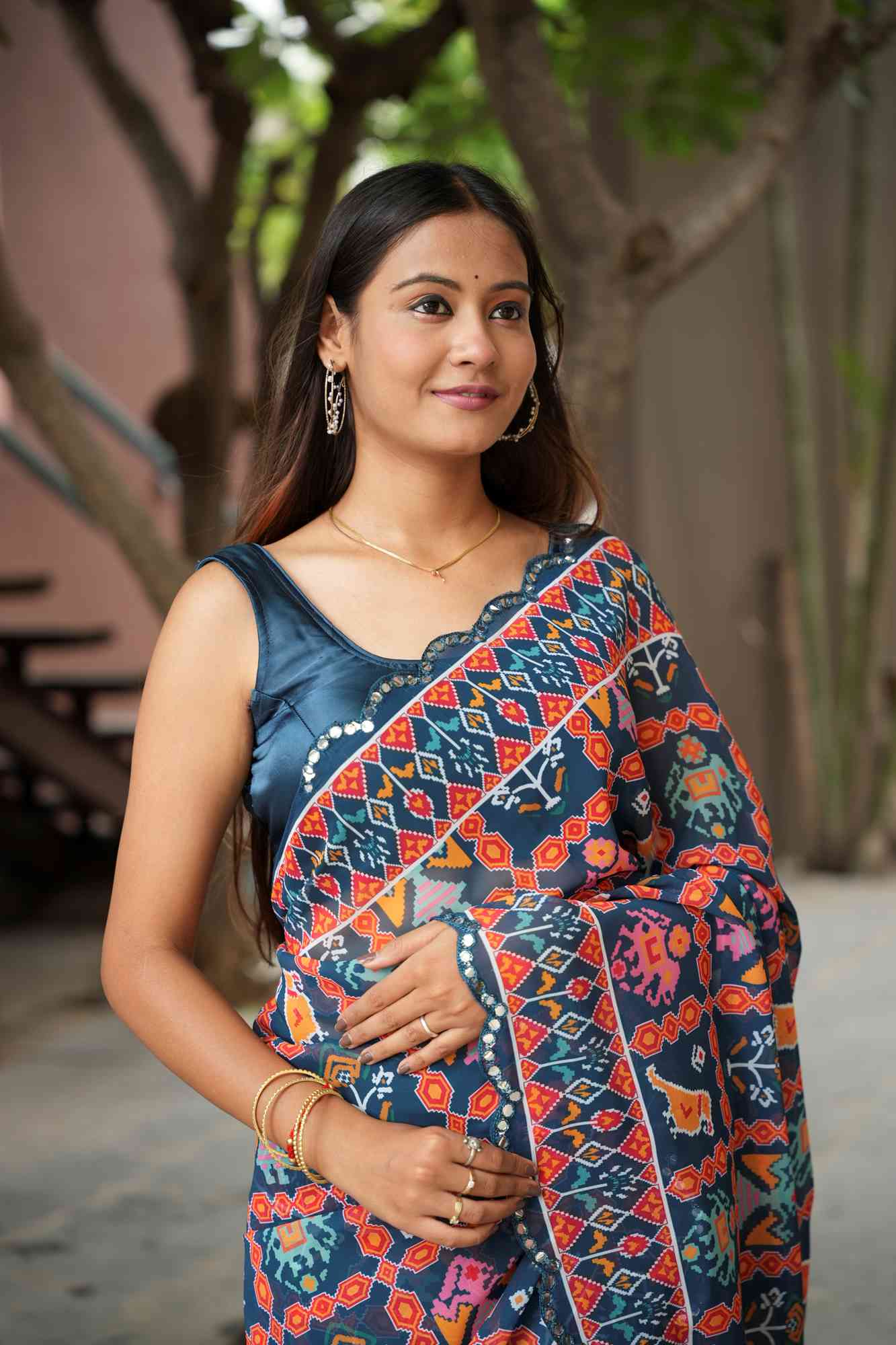 Georgette Silk Digital Print with Mirror Work Border Ready To Wear Saree