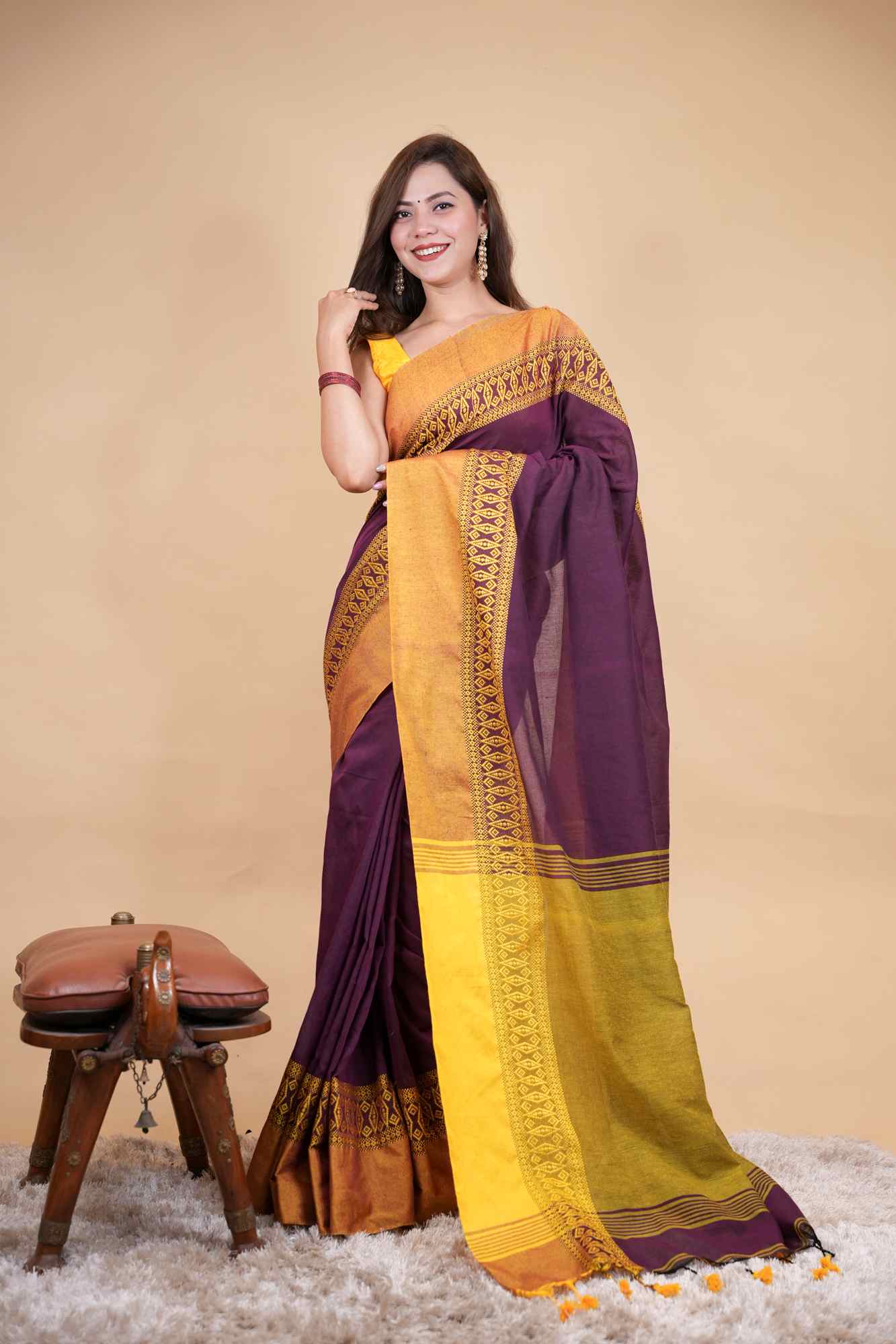 Cotton silk Damask motif dhonekali prestitched saree