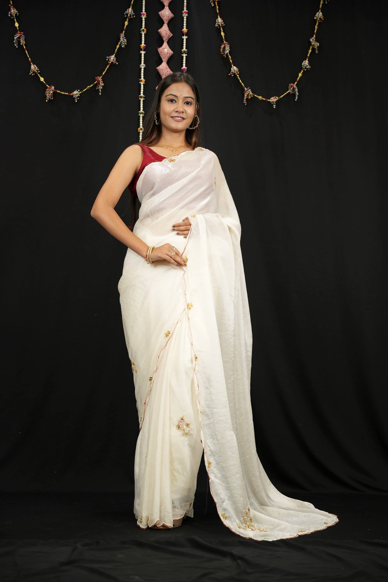 Off White Satin Silk with Handwork Butta and Sequined Seclab Border Ready To Wear Saree