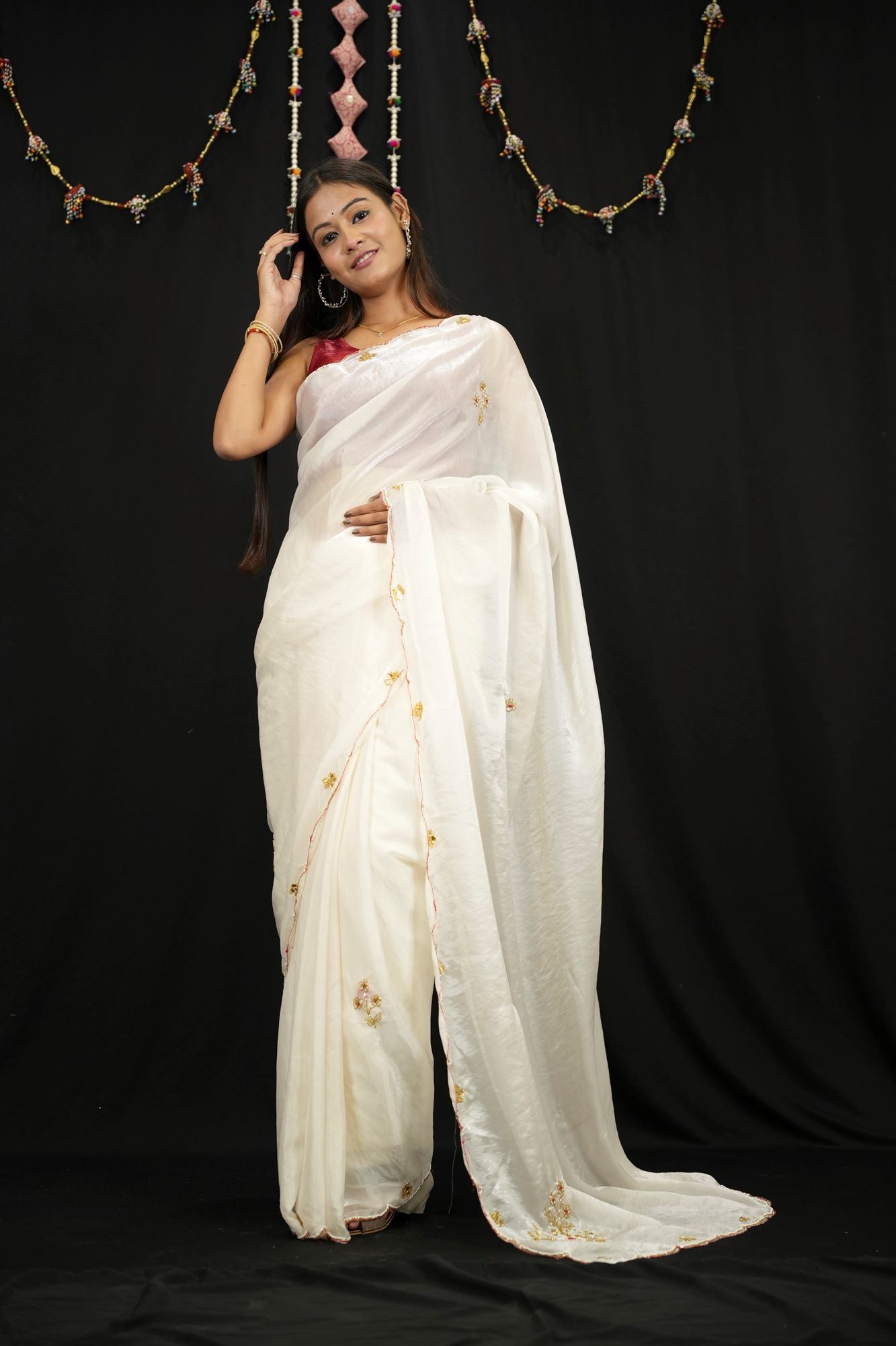 Off White Satin Silk with Handwork Butta and Sequined Seclab Border Ready To Wear Saree