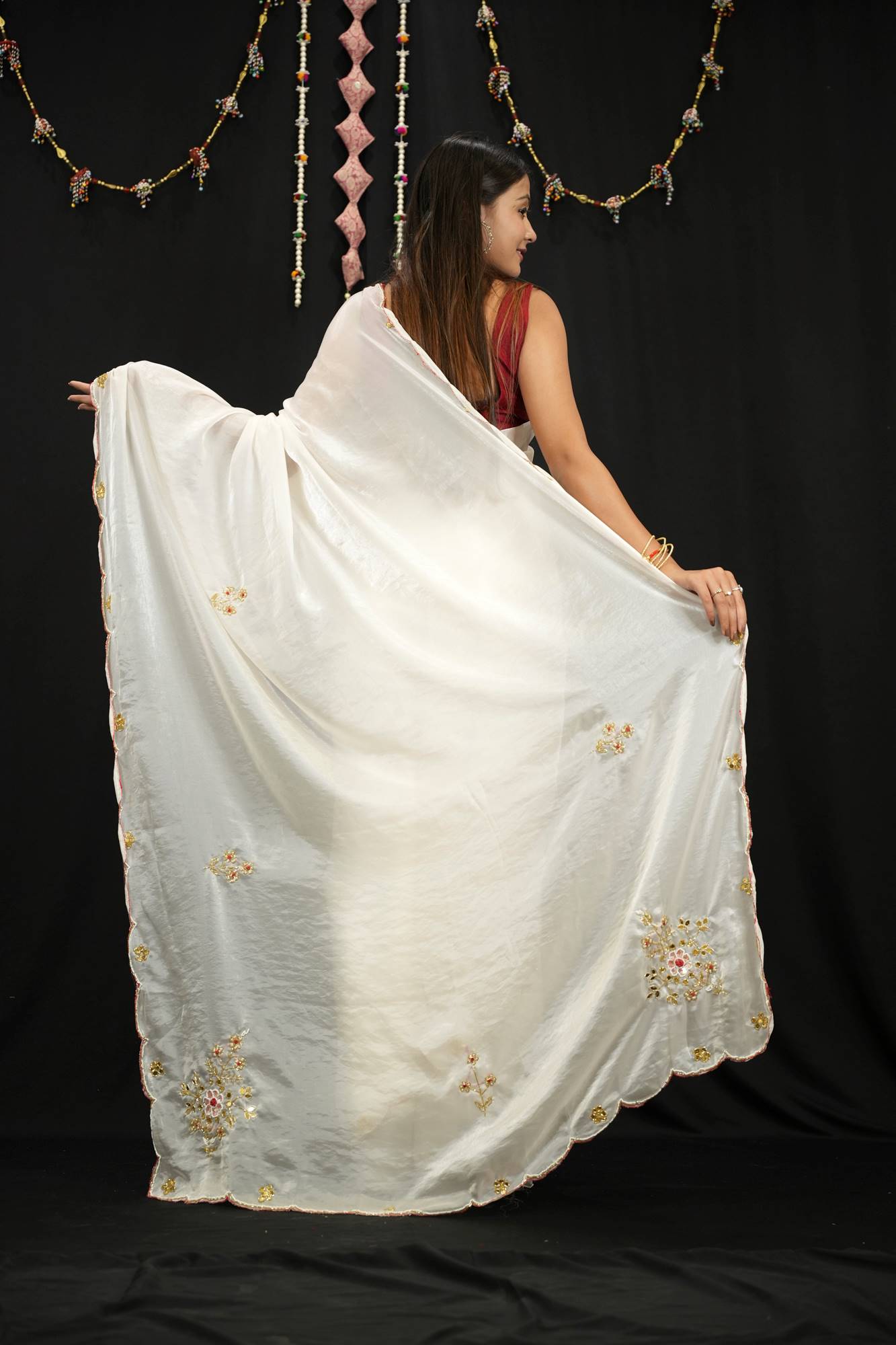 Off White Satin Silk with Handwork Butta and Sequined Seclab Border Ready To Wear Saree