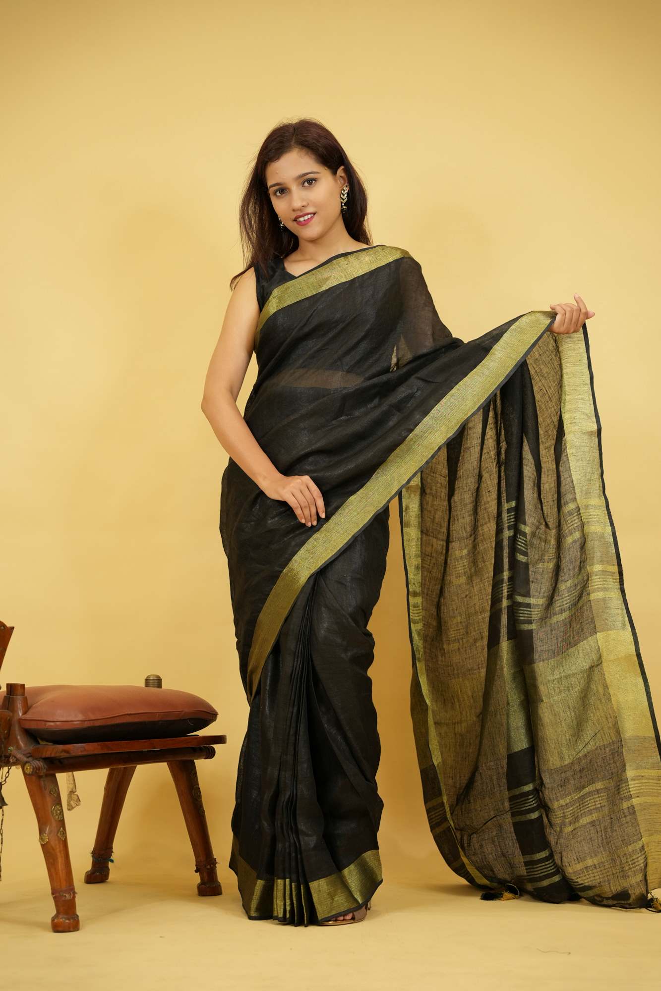 Pure Linen With Golden Zari Border Ready To Wear Saree