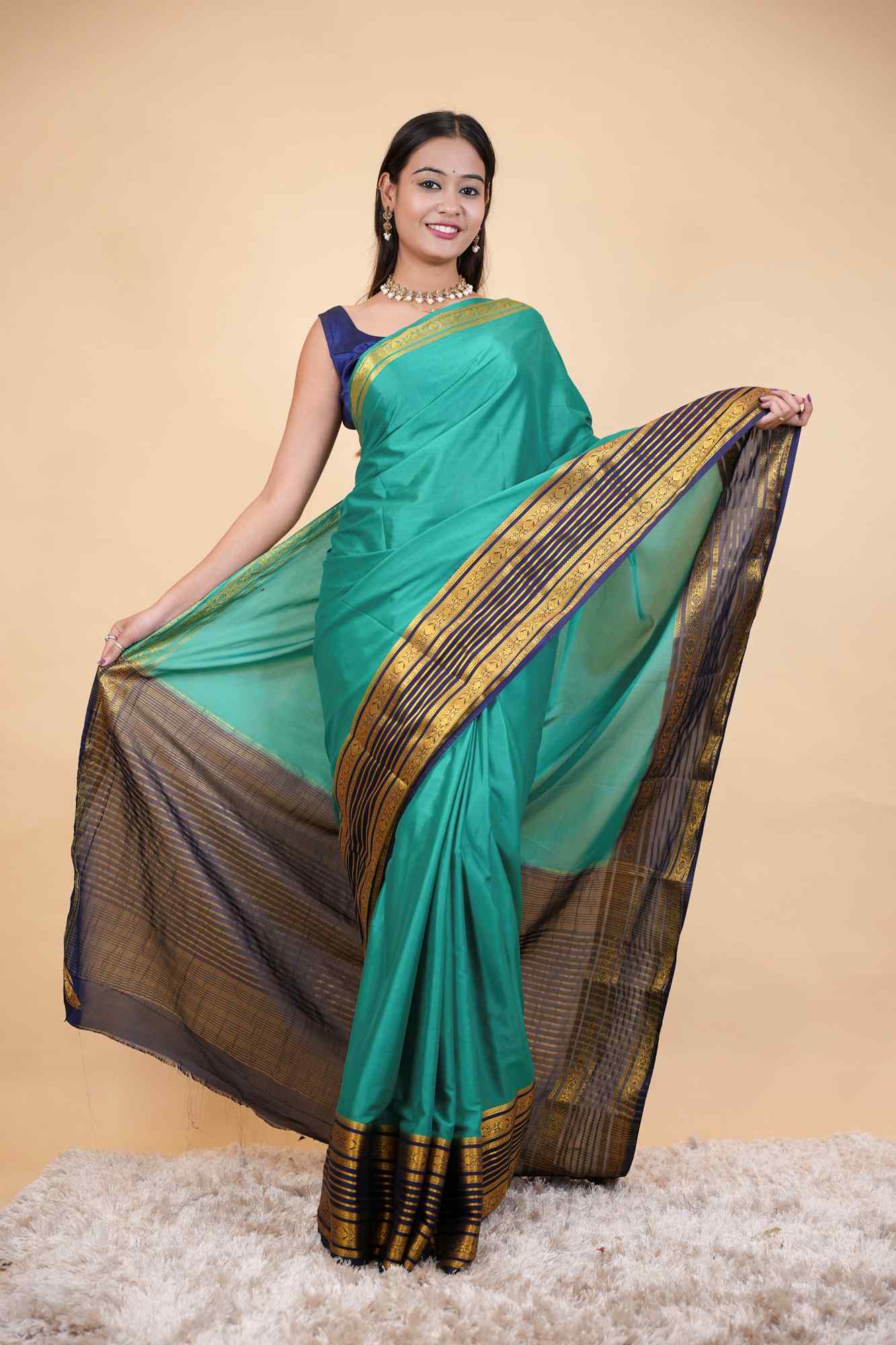Traditional Mysore Silk with Rich Interwoven Chettinad Zari Border & Pallu Ready To Wear Saree