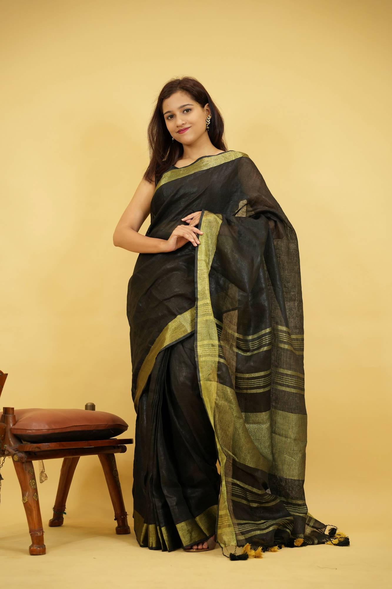 Pure Linen With Golden Zari Border Ready To Wear Saree