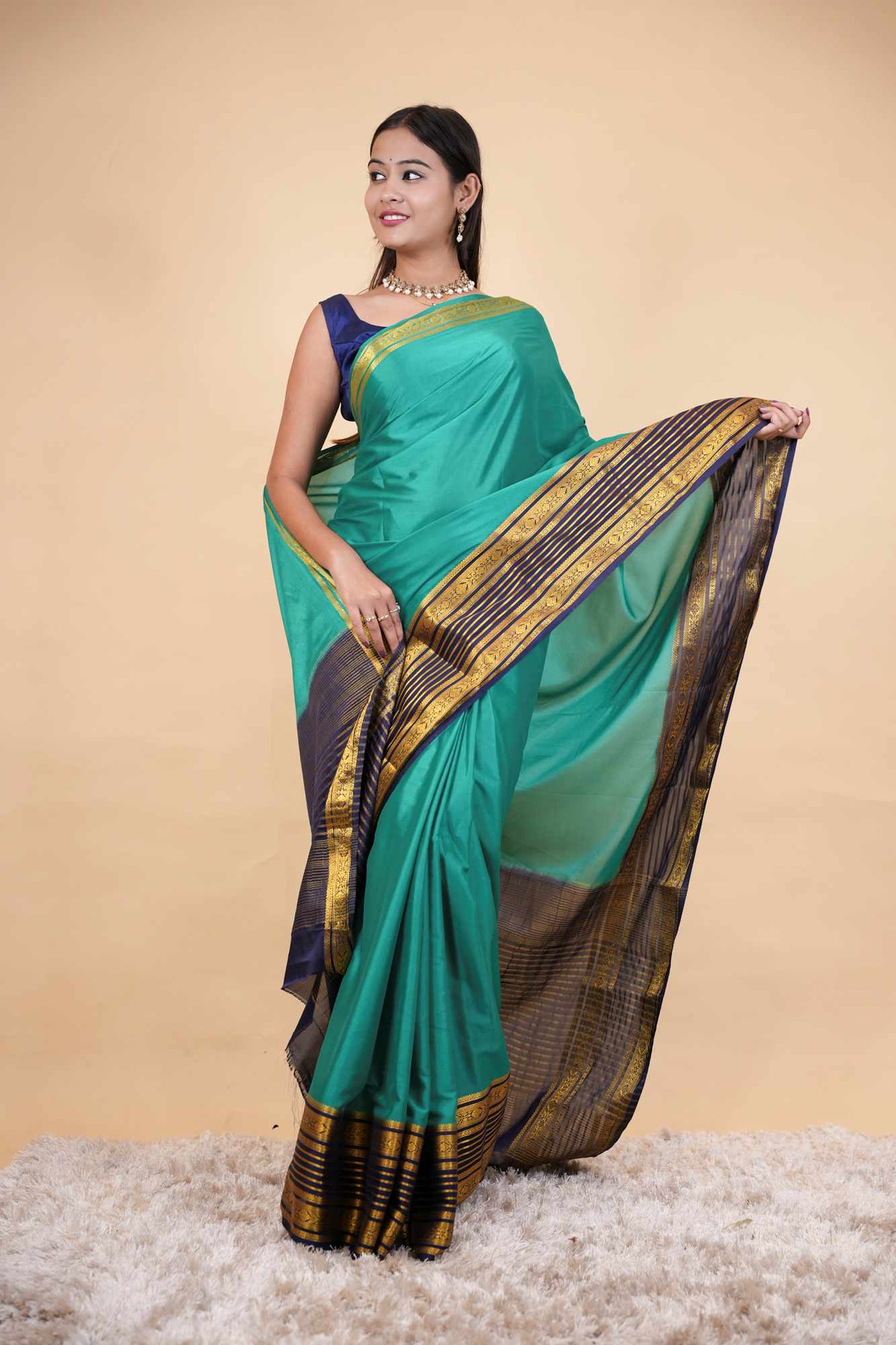 Traditional Mysore Silk with Rich Interwoven Chettinad Zari Border & Pallu Ready To Wear Saree