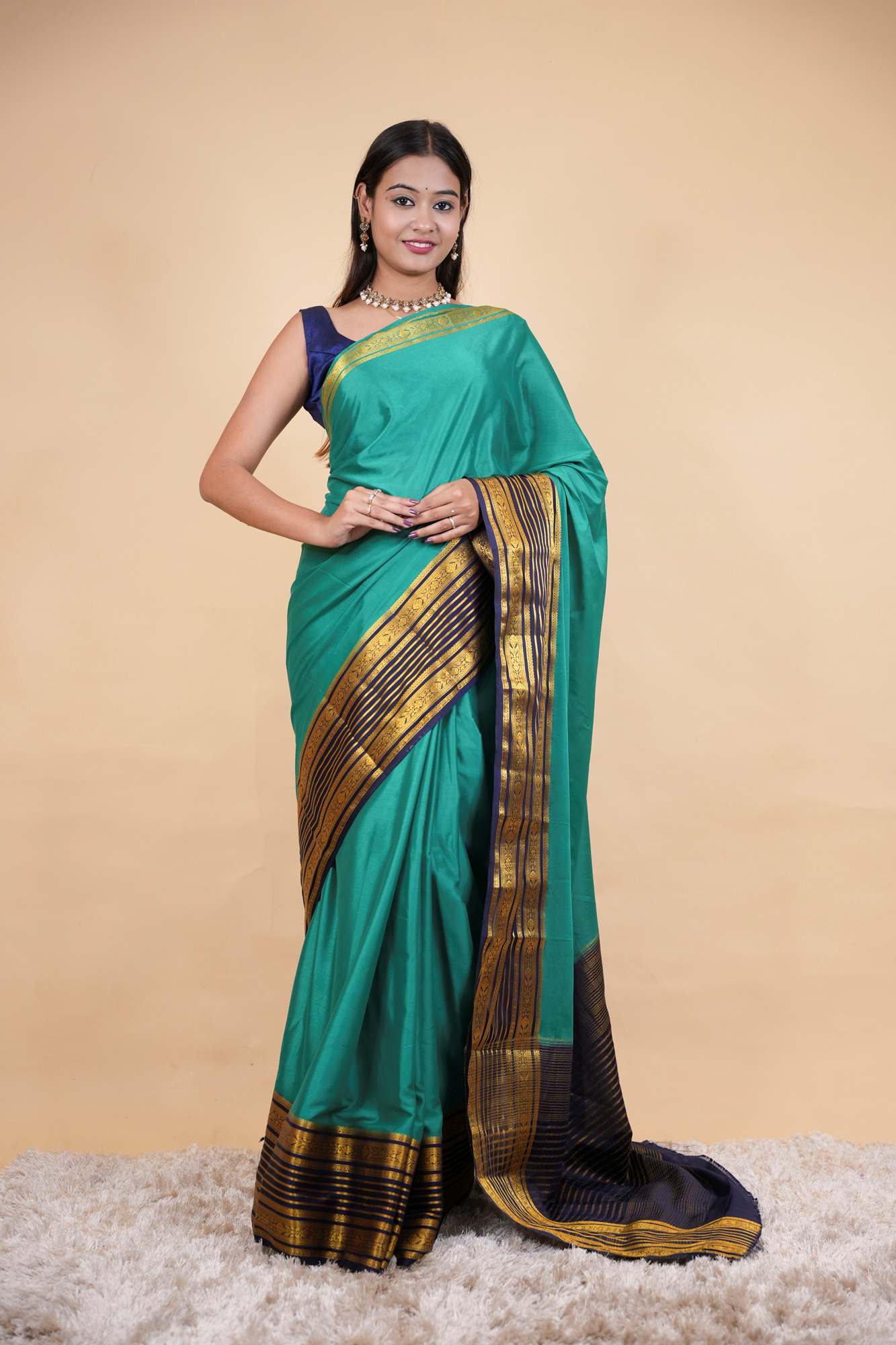 Traditional Mysore Silk with Rich Interwoven Chettinad Zari Border & Pallu Ready To Wear Saree